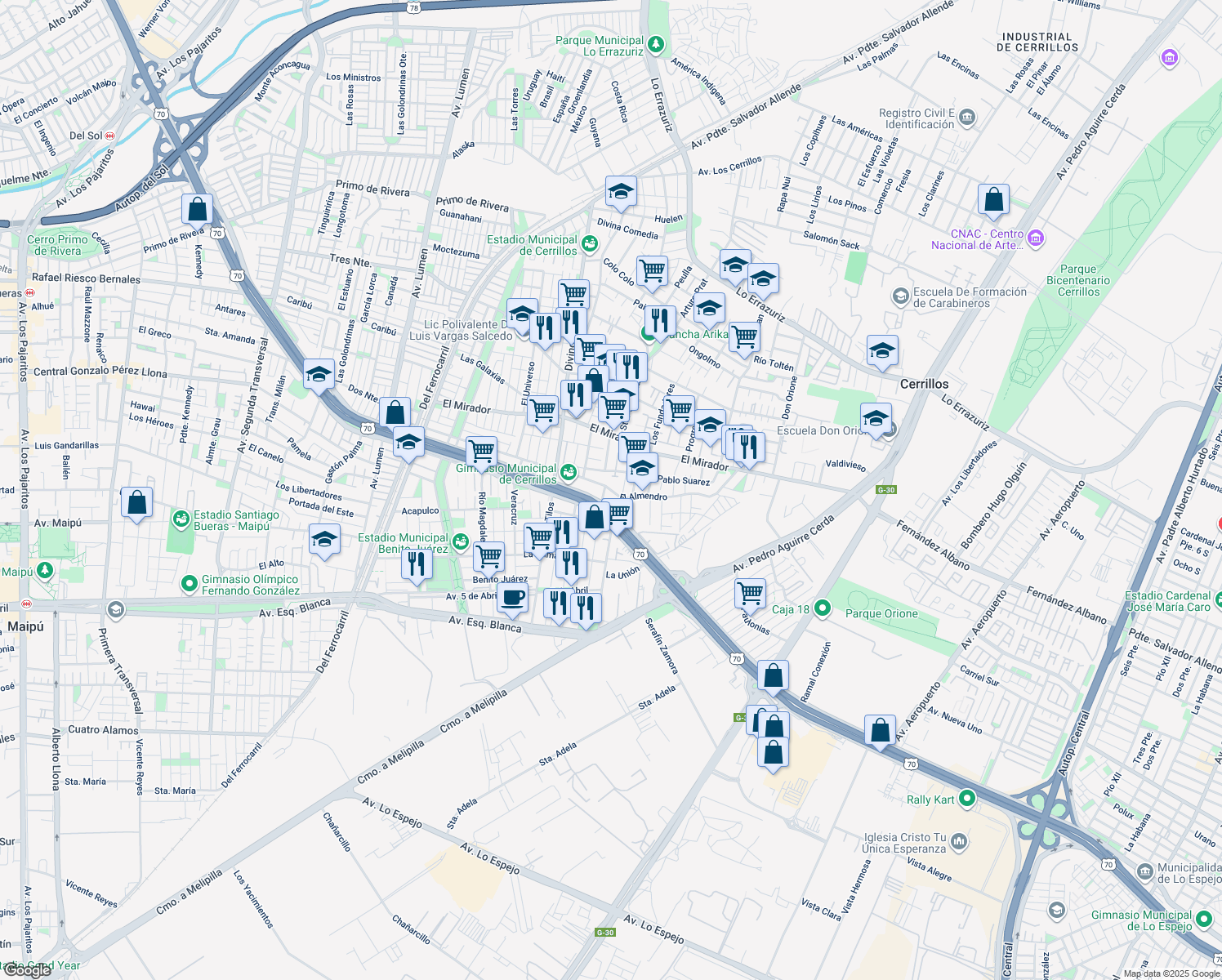map of restaurants, bars, coffee shops, grocery stores, and more near Avenida Américo Vespucio in Santiago