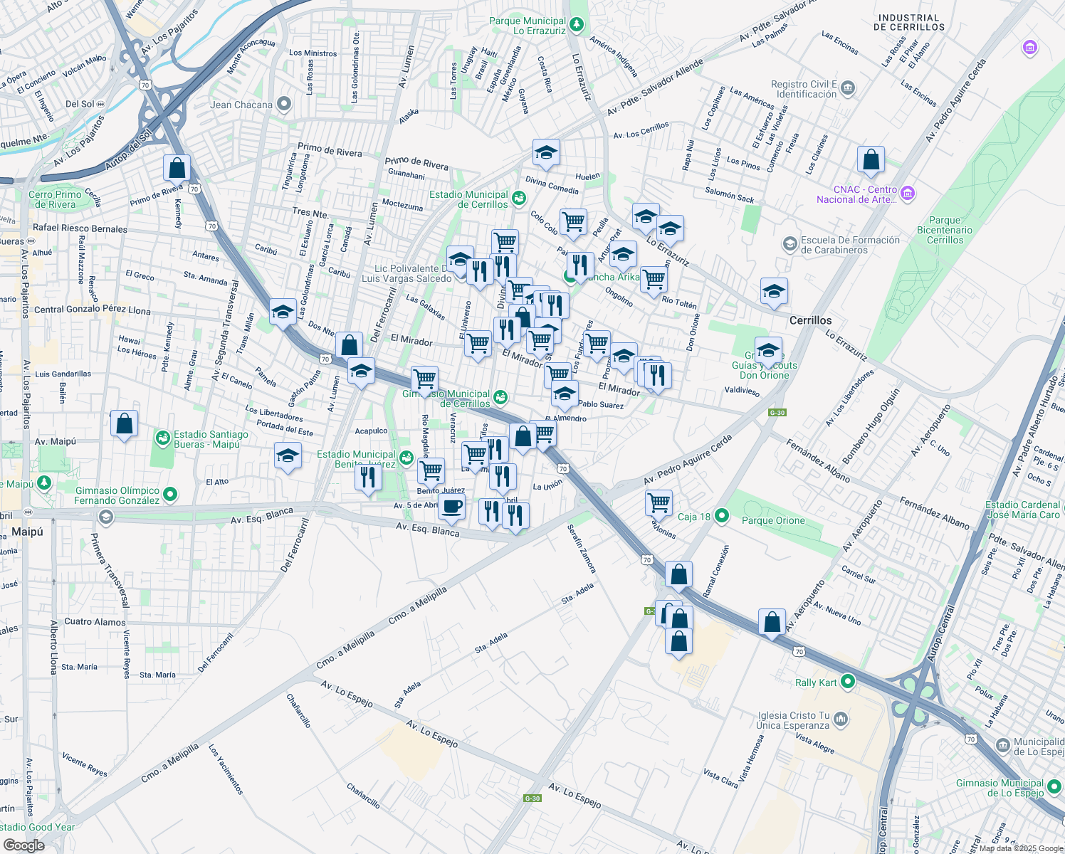 map of restaurants, bars, coffee shops, grocery stores, and more near Avenida Américo Vespucio in Santiago