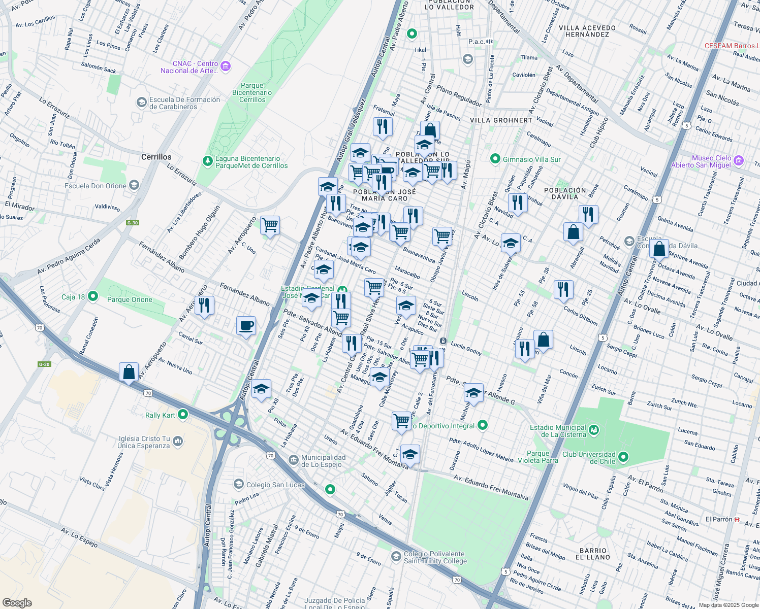 map of restaurants, bars, coffee shops, grocery stores, and more near Avenida Central Cardenal Raul Silva Henriquez in Santiago