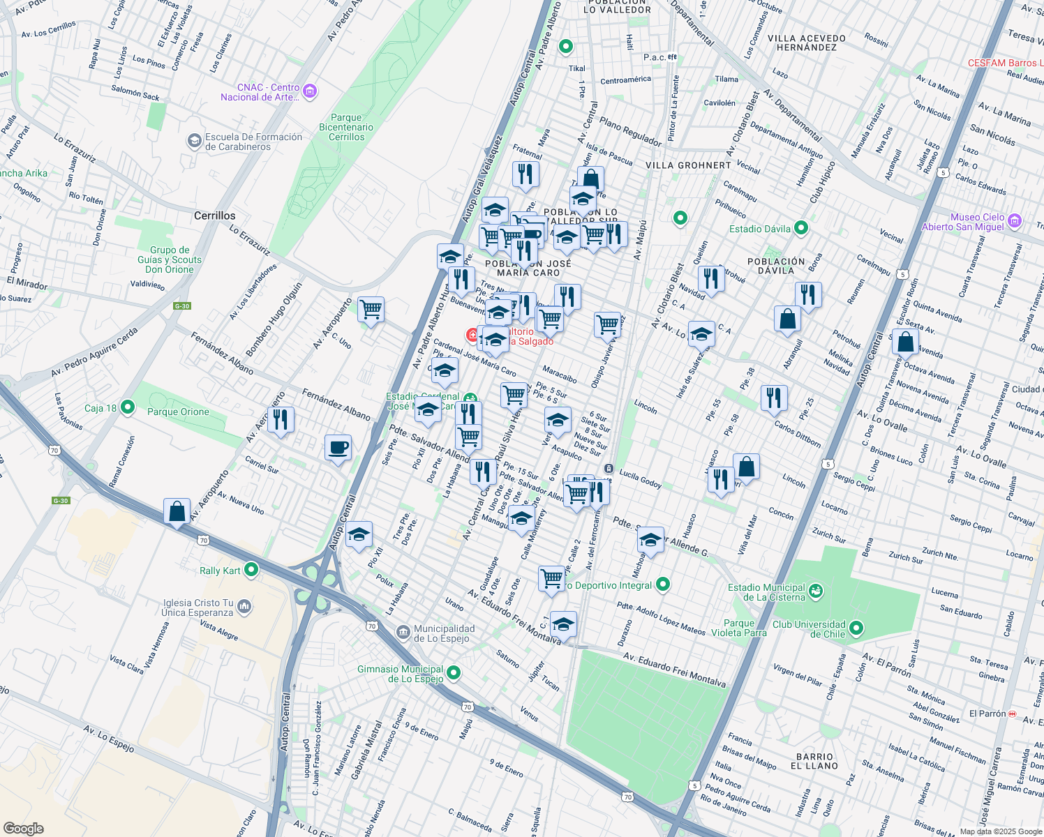 map of restaurants, bars, coffee shops, grocery stores, and more near Avenida Central Cardenal Raul Silva Henriquez in Santiago