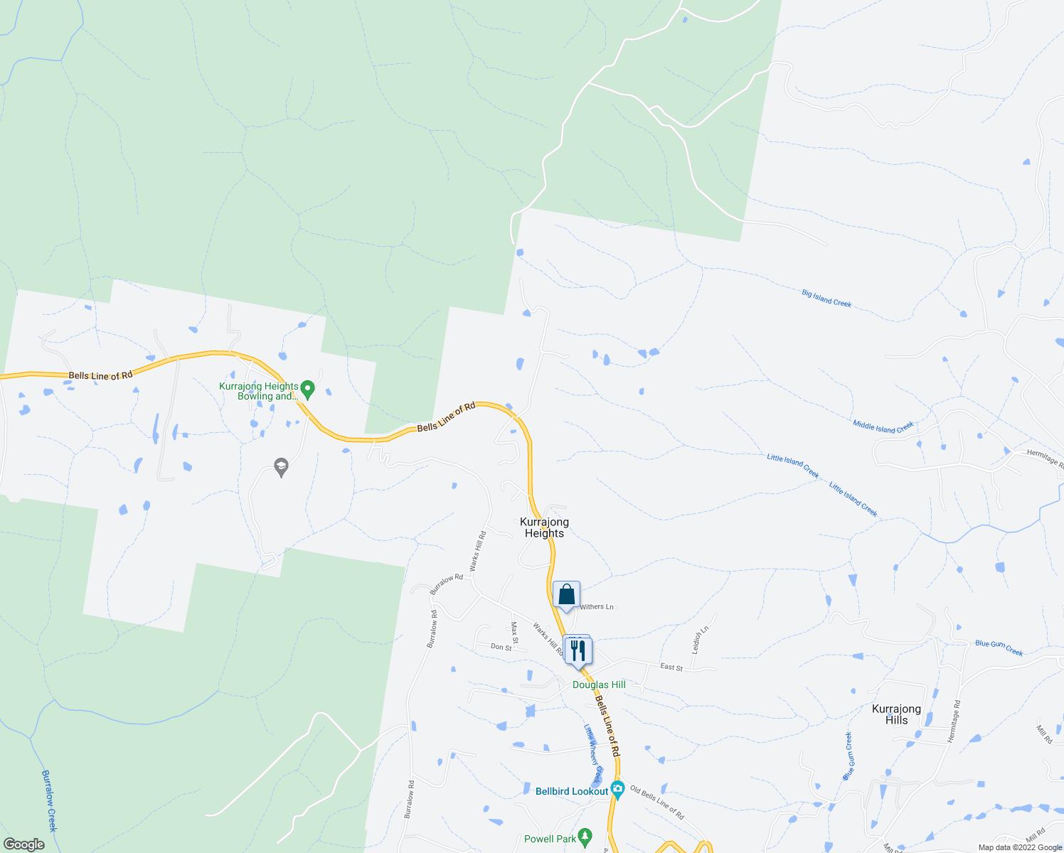map of restaurants, bars, coffee shops, grocery stores, and more near 1394 Bells Line of Road in Kurrajong Heights