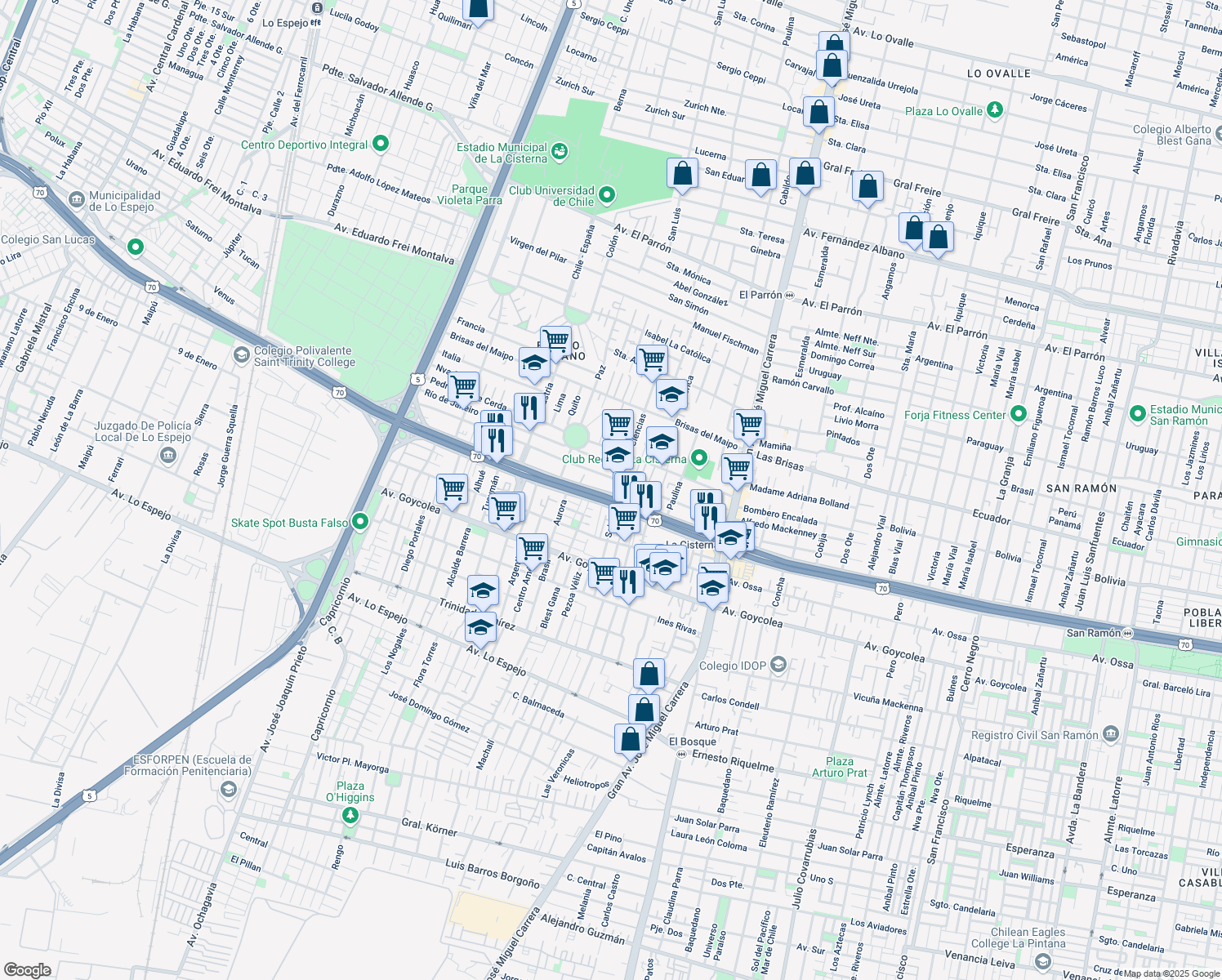 map of restaurants, bars, coffee shops, grocery stores, and more near 591 Avenida Américo Vespucio in La Cisterna