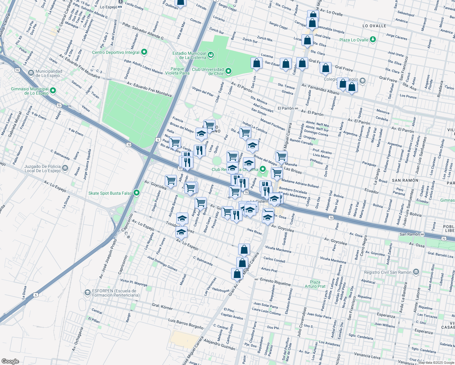 map of restaurants, bars, coffee shops, grocery stores, and more near 591 Avenida Américo Vespucio in La Cisterna