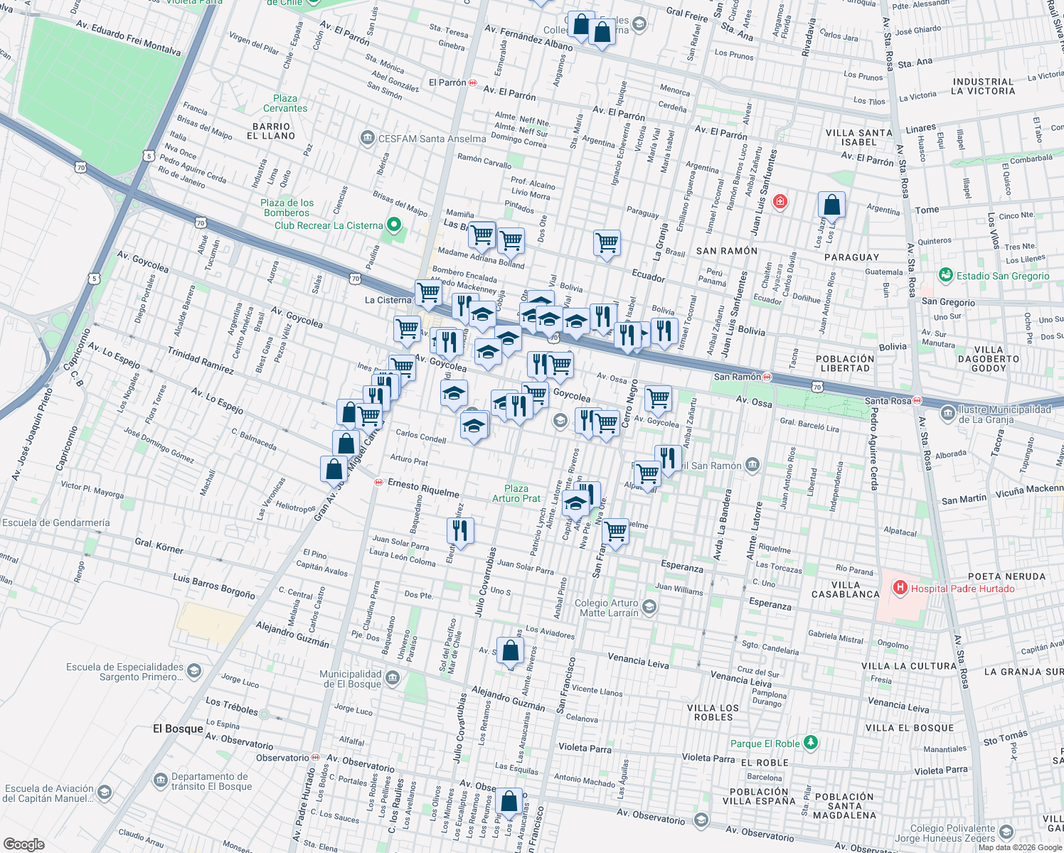 map of restaurants, bars, coffee shops, grocery stores, and more near 698 Vicuña Mackenna in La Cisterna