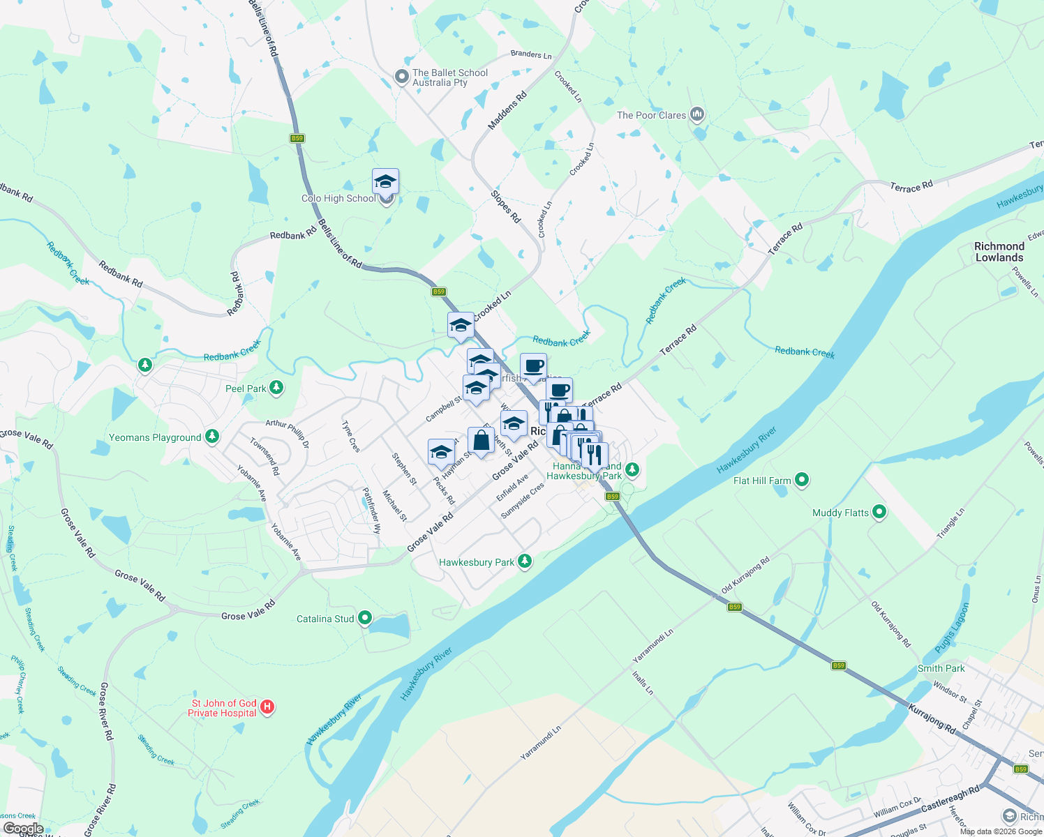 map of restaurants, bars, coffee shops, grocery stores, and more near 10 William Street in North Richmond