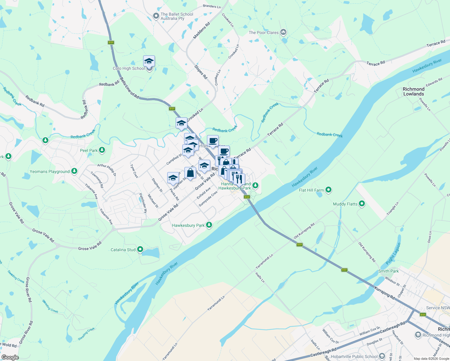 map of restaurants, bars, coffee shops, grocery stores, and more near 24 Riverview Street in North Richmond