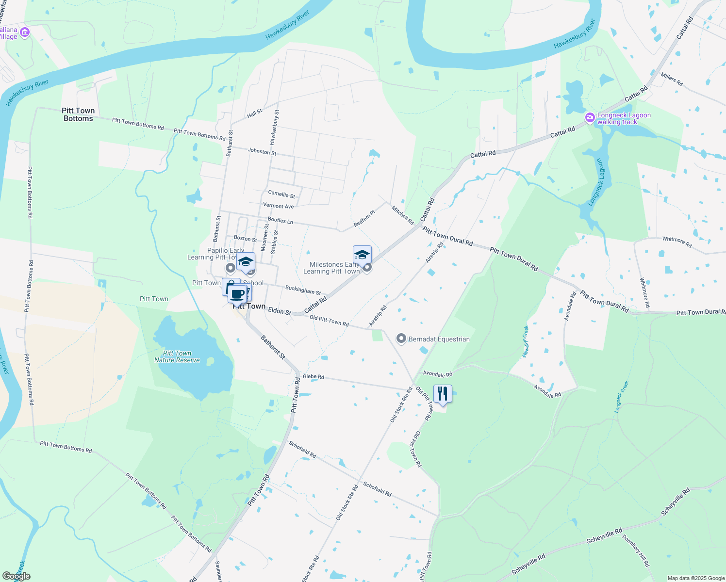 map of restaurants, bars, coffee shops, grocery stores, and more near 46 Cattai Road in Pitt Town