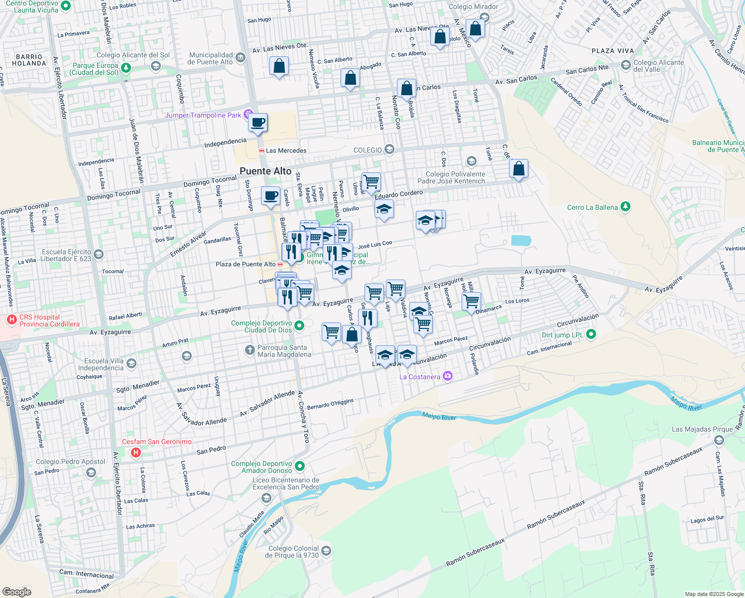map of restaurants, bars, coffee shops, grocery stores, and more near 13 Calle Central in Puente Alto