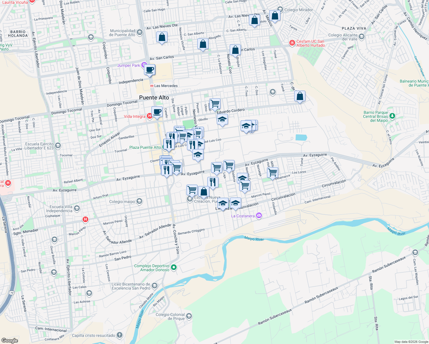 map of restaurants, bars, coffee shops, grocery stores, and more near 13 Calle Central in Puente Alto