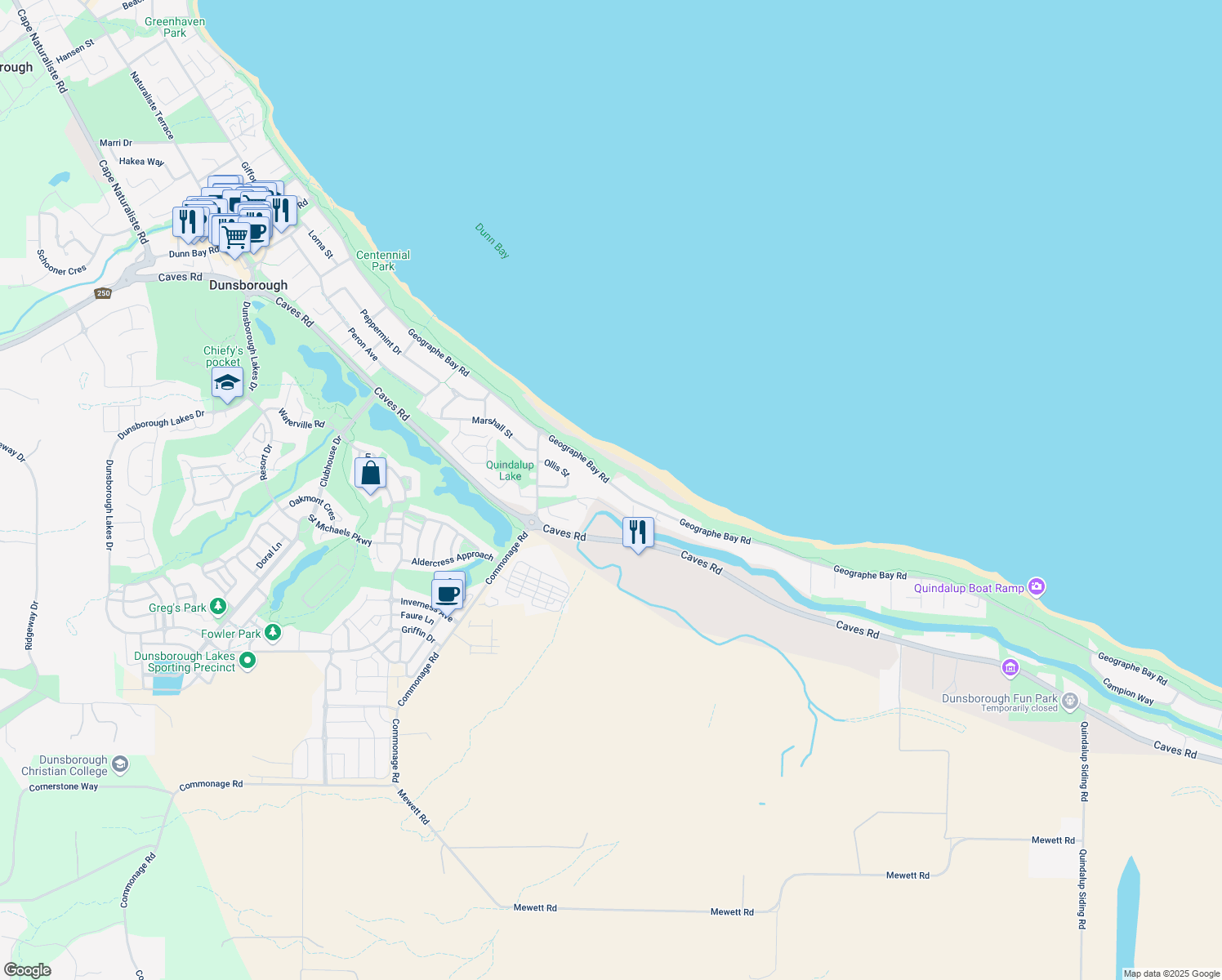 map of restaurants, bars, coffee shops, grocery stores, and more near 200 Geographe Bay Road in Quindalup
