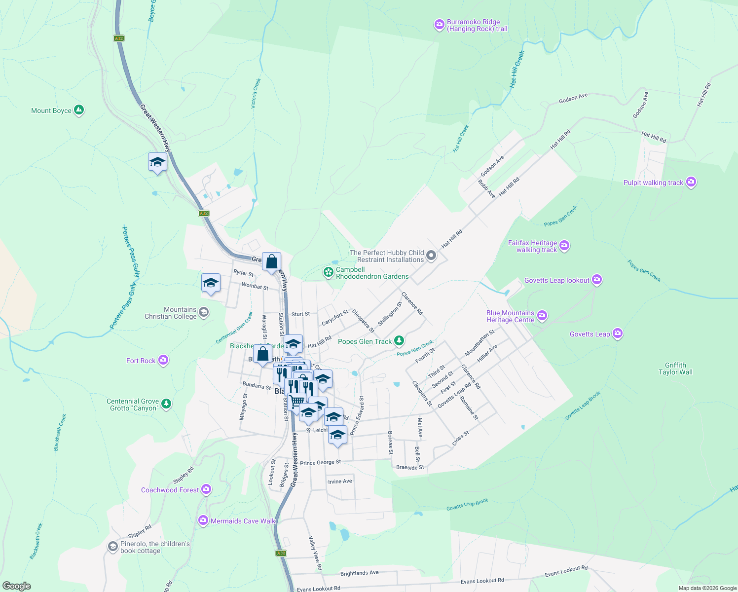 map of restaurants, bars, coffee shops, grocery stores, and more near 12 Neate Avenue in Blackheath