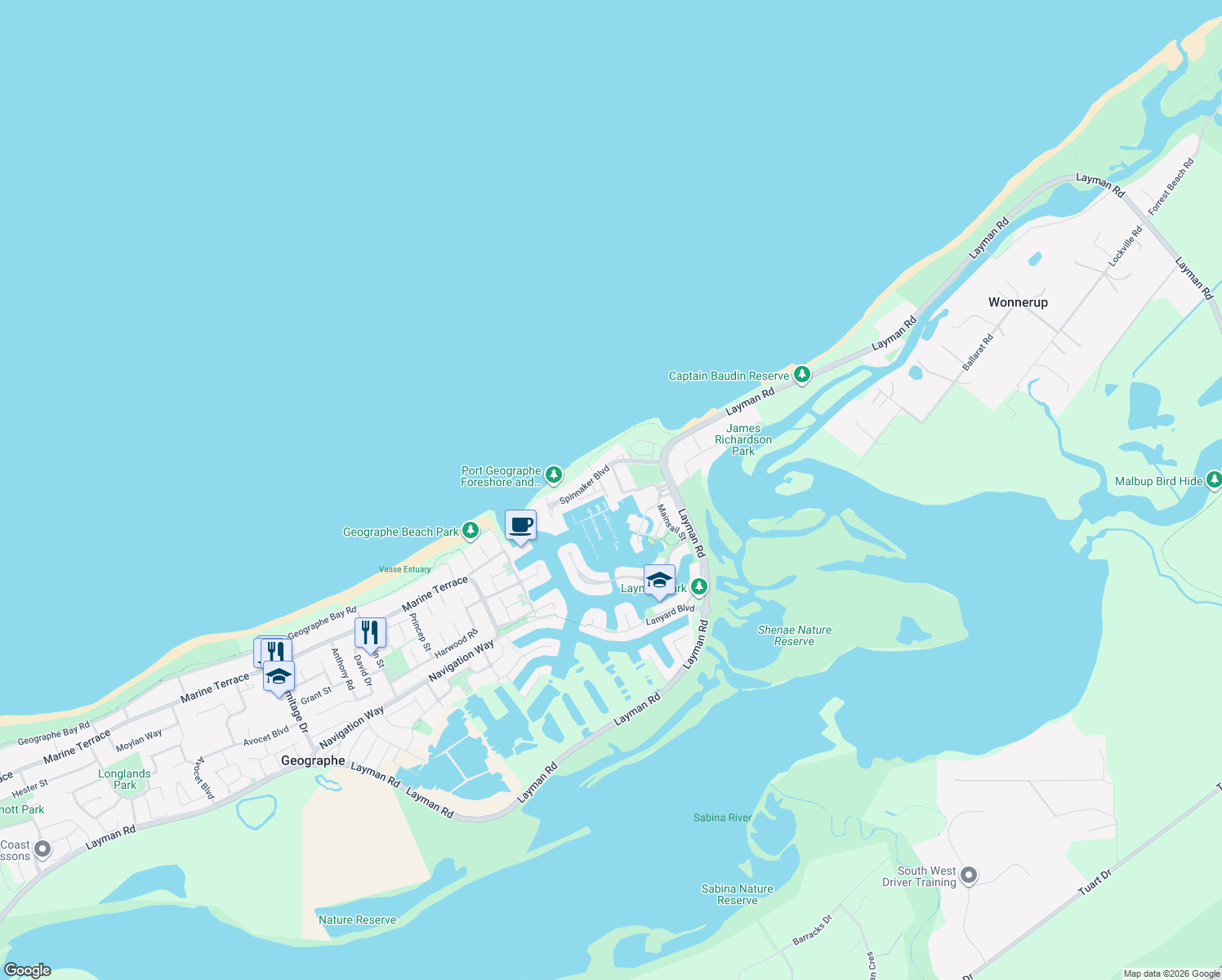 map of restaurants, bars, coffee shops, grocery stores, and more near 19-27 Spinnaker Boulevard in Geographe