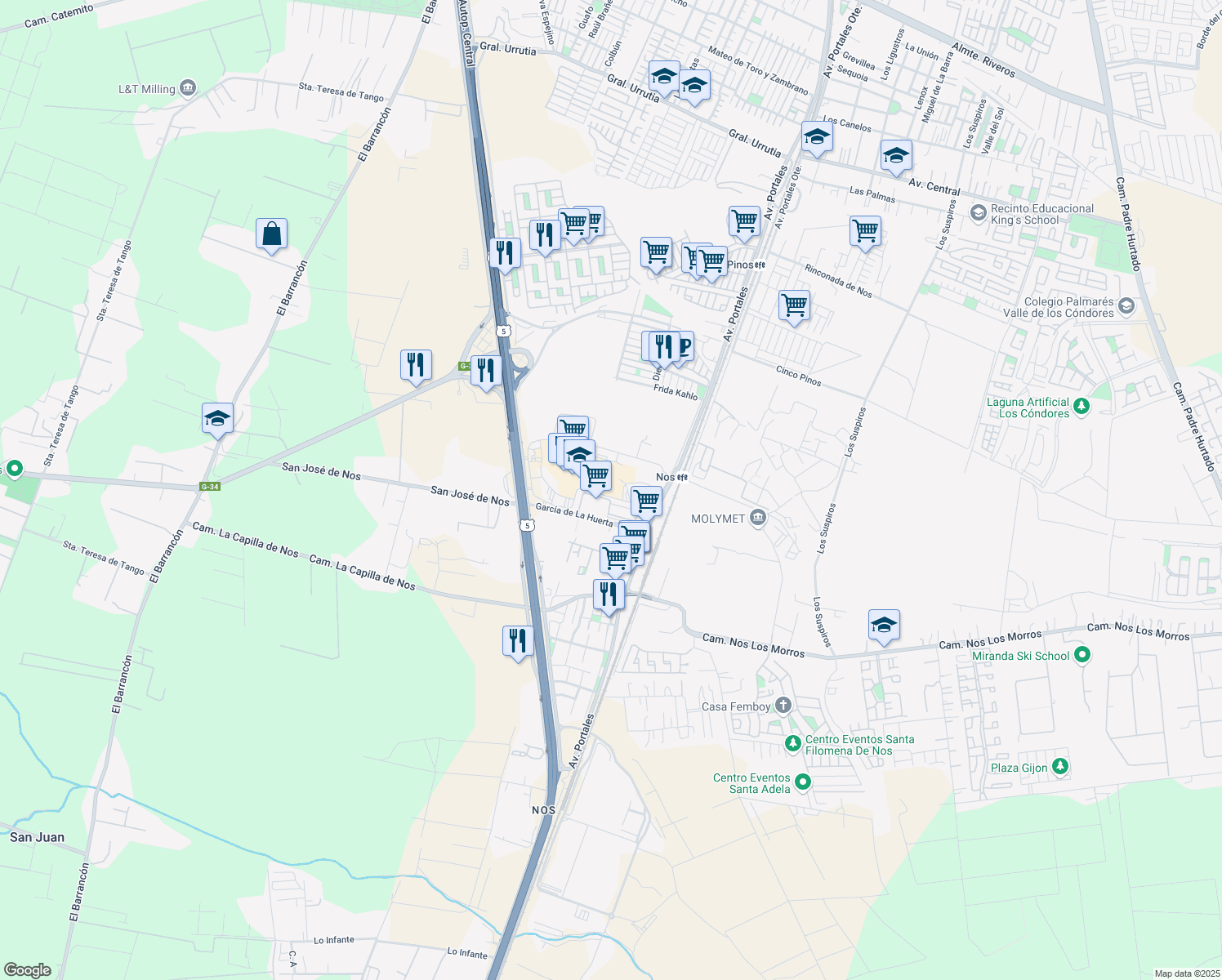 map of restaurants, bars, coffee shops, grocery stores, and more near 22040 Avenida Presidente Jorge Alessandri Rodríguez in San Bernardo