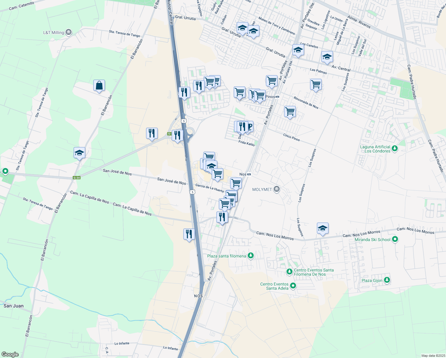 map of restaurants, bars, coffee shops, grocery stores, and more near 22040 Avenida Presidente Jorge Alessandri Rodríguez in San Bernardo