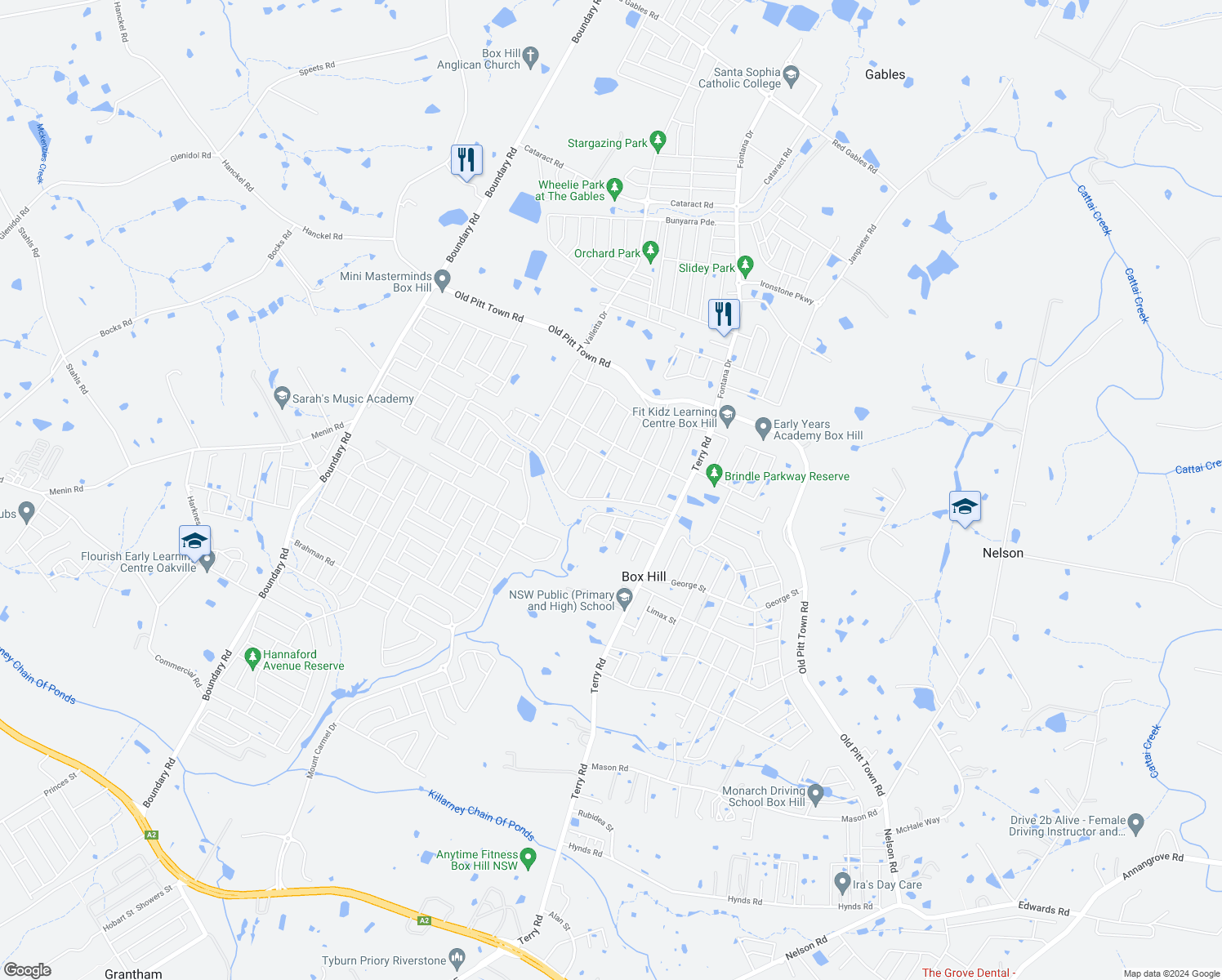 map of restaurants, bars, coffee shops, grocery stores, and more near 20 Pinto Street in Box Hill