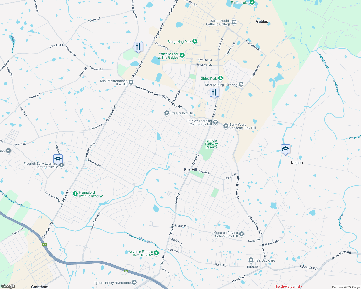 map of restaurants, bars, coffee shops, grocery stores, and more near 20 Pinto Street in Box Hill