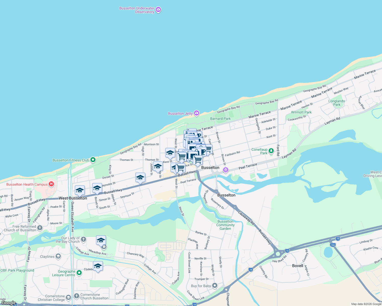 map of restaurants, bars, coffee shops, grocery stores, and more near 50 Queen Street in Busselton