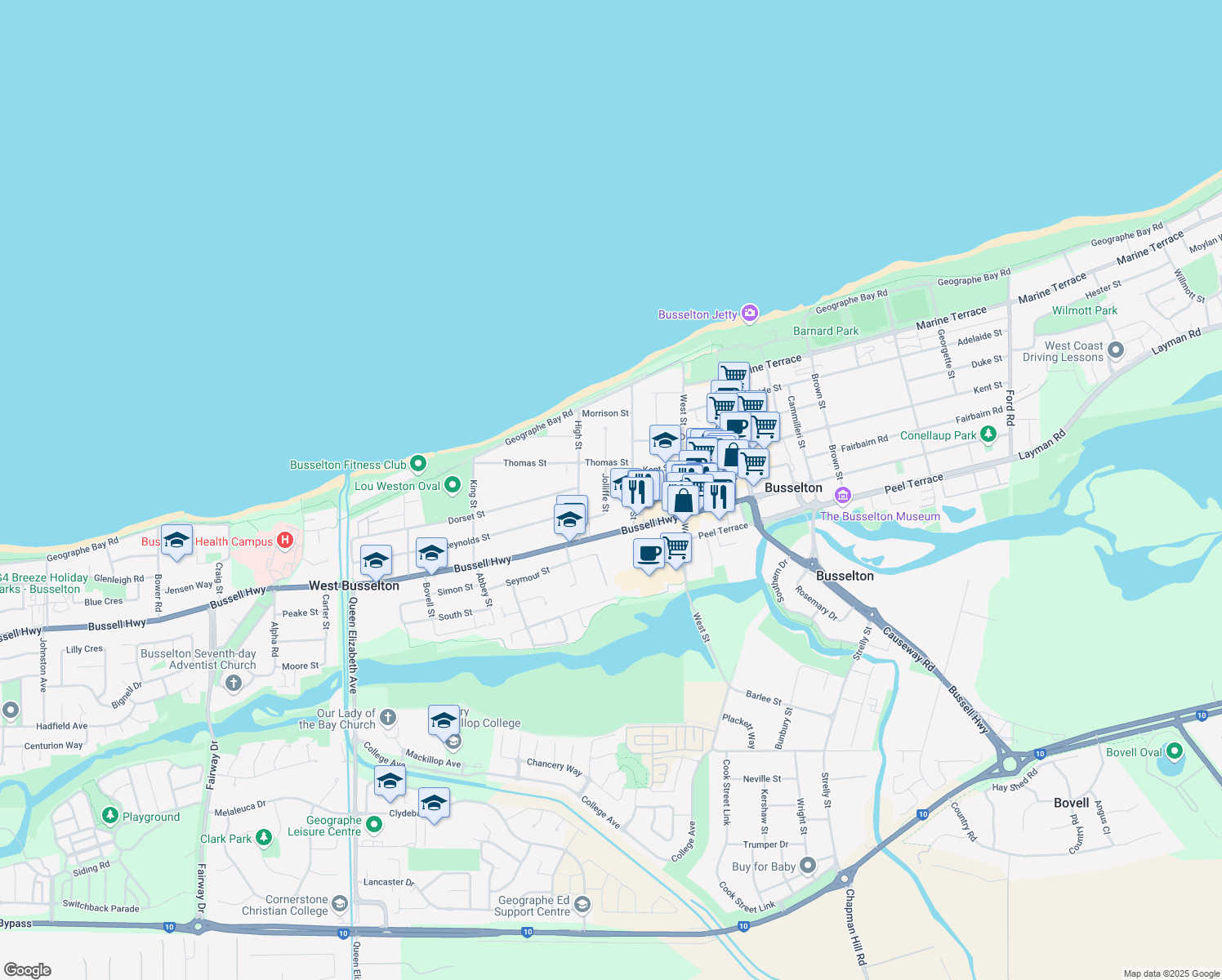 map of restaurants, bars, coffee shops, grocery stores, and more near 13 Jolliffe Street in West Busselton