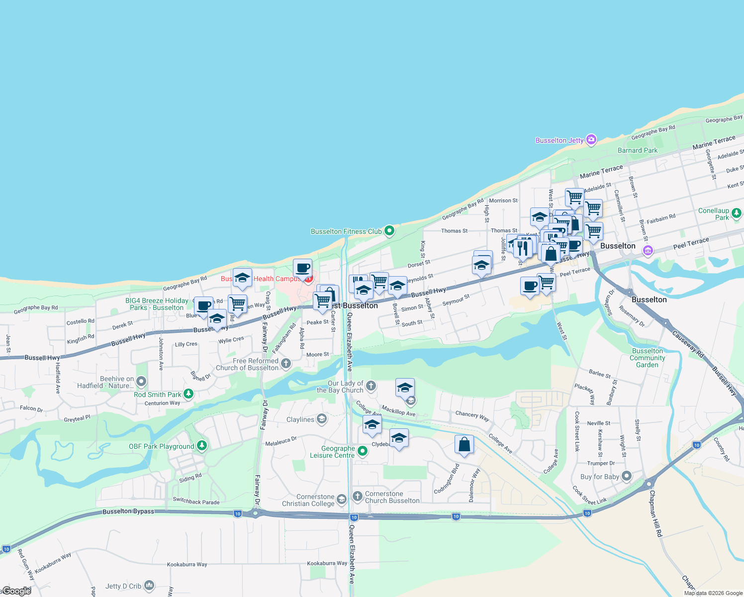 map of restaurants, bars, coffee shops, grocery stores, and more near 137 Bussell Highway in West Busselton