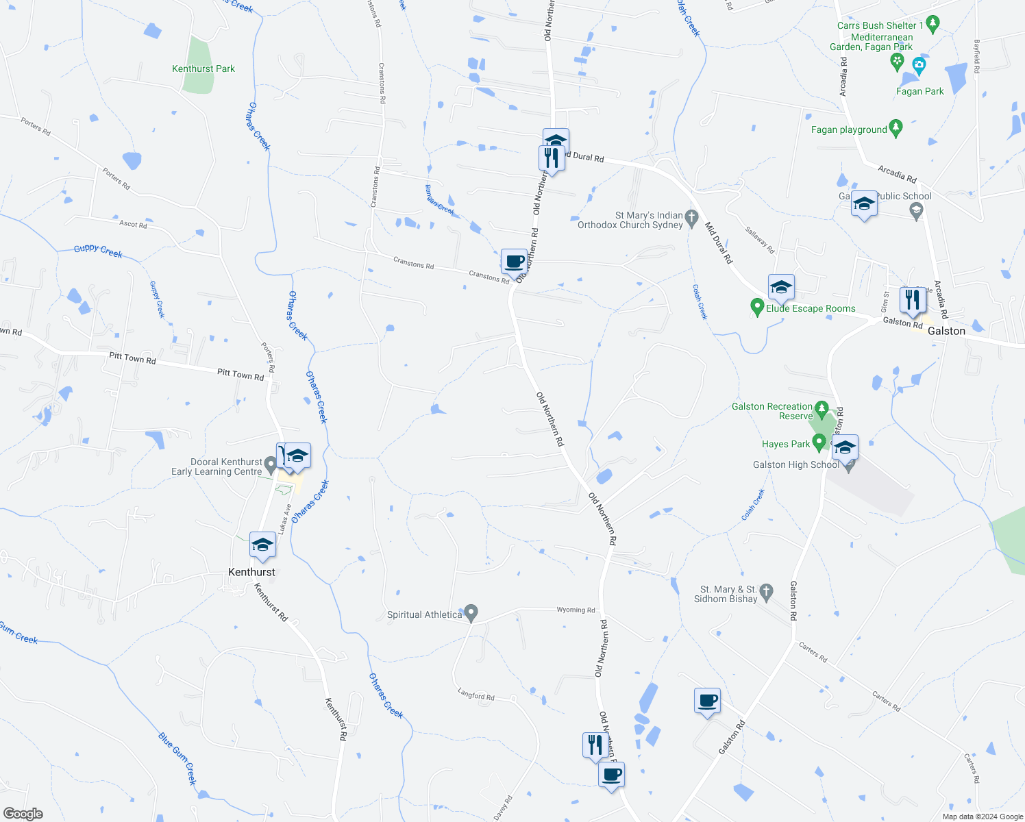 map of restaurants, bars, coffee shops, grocery stores, and more near 734 Old Northern Road in Dural