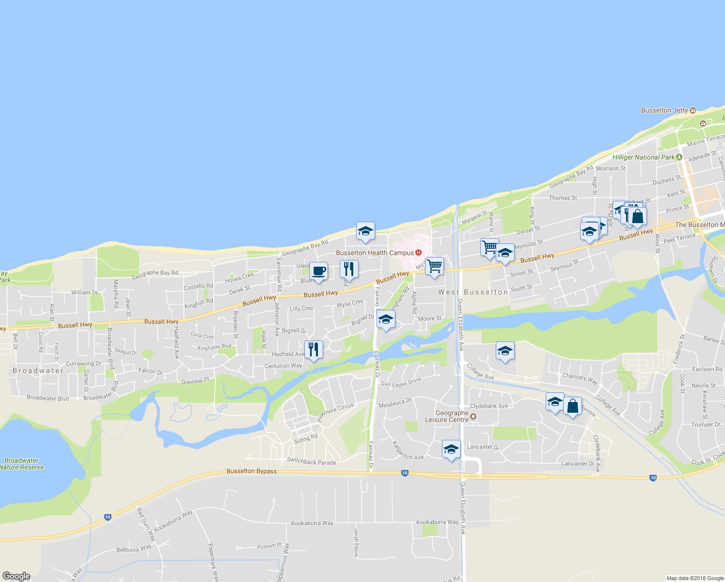 map of restaurants, bars, coffee shops, grocery stores, and more near 214 Bussell Highway in West Busselton