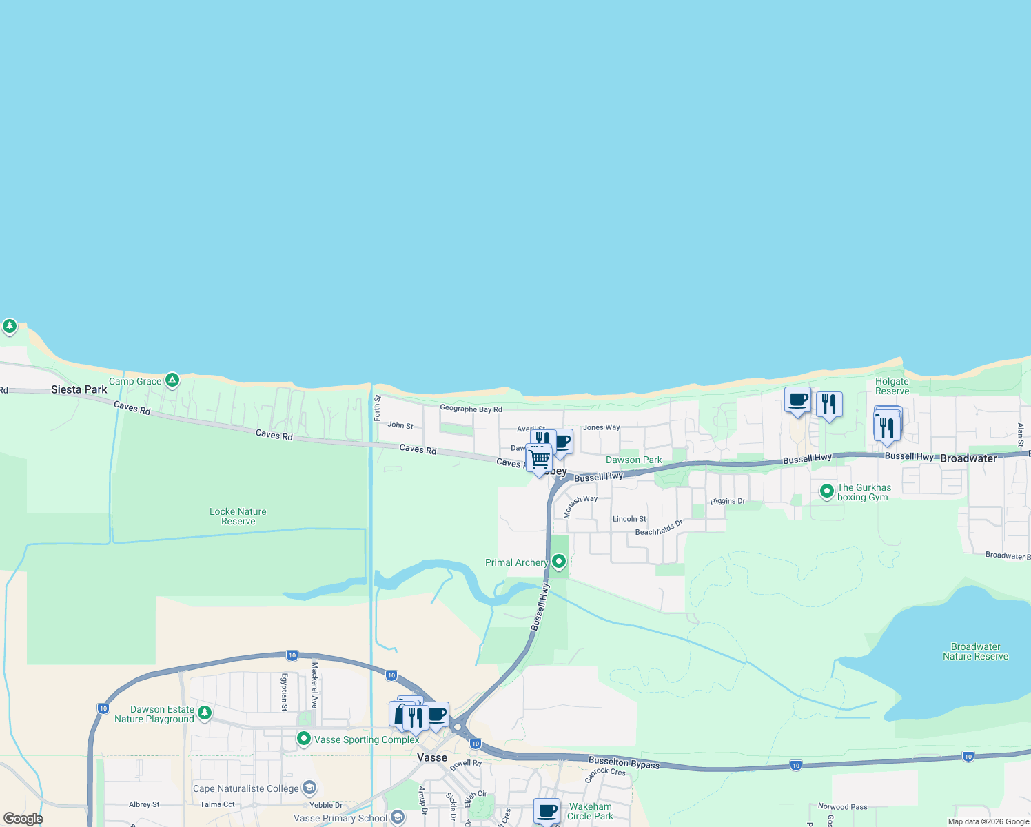 map of restaurants, bars, coffee shops, grocery stores, and more near 552 Geographe Bay Road in Abbey