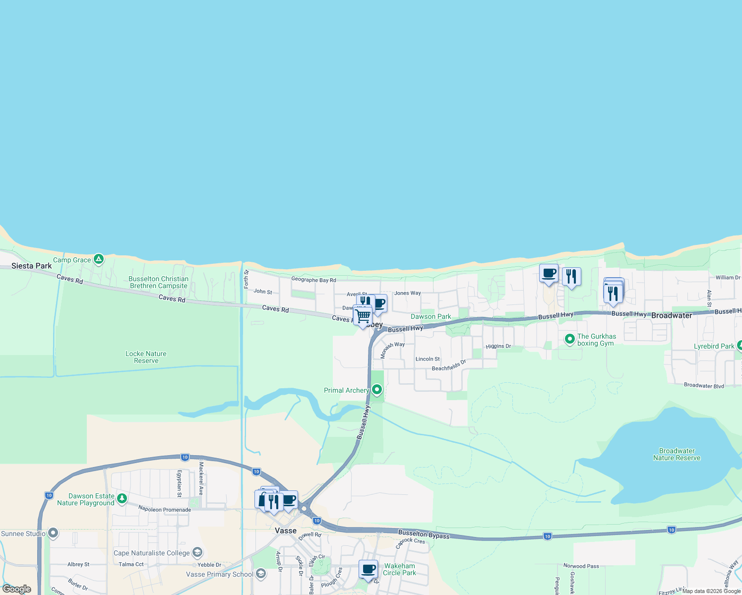 map of restaurants, bars, coffee shops, grocery stores, and more near 28 Averil Street in Abbey