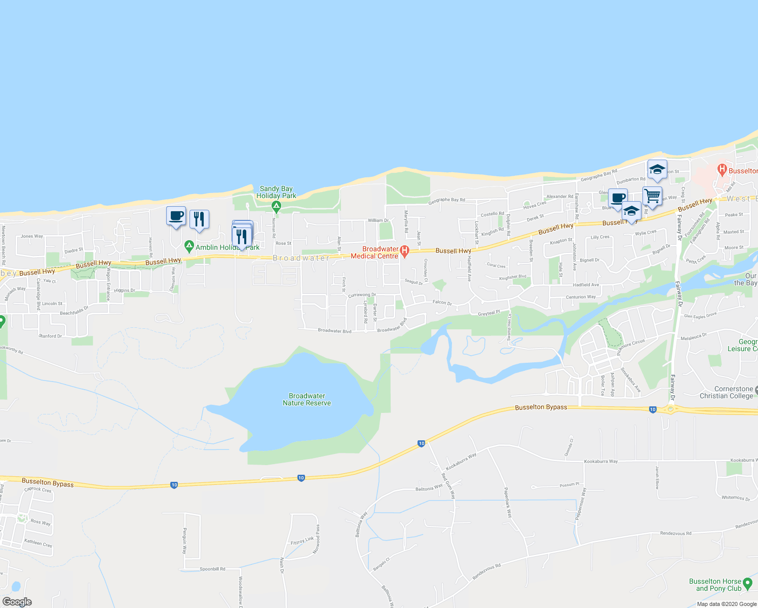 map of restaurants, bars, coffee shops, grocery stores, and more near 8 Darter Street in Broadwater