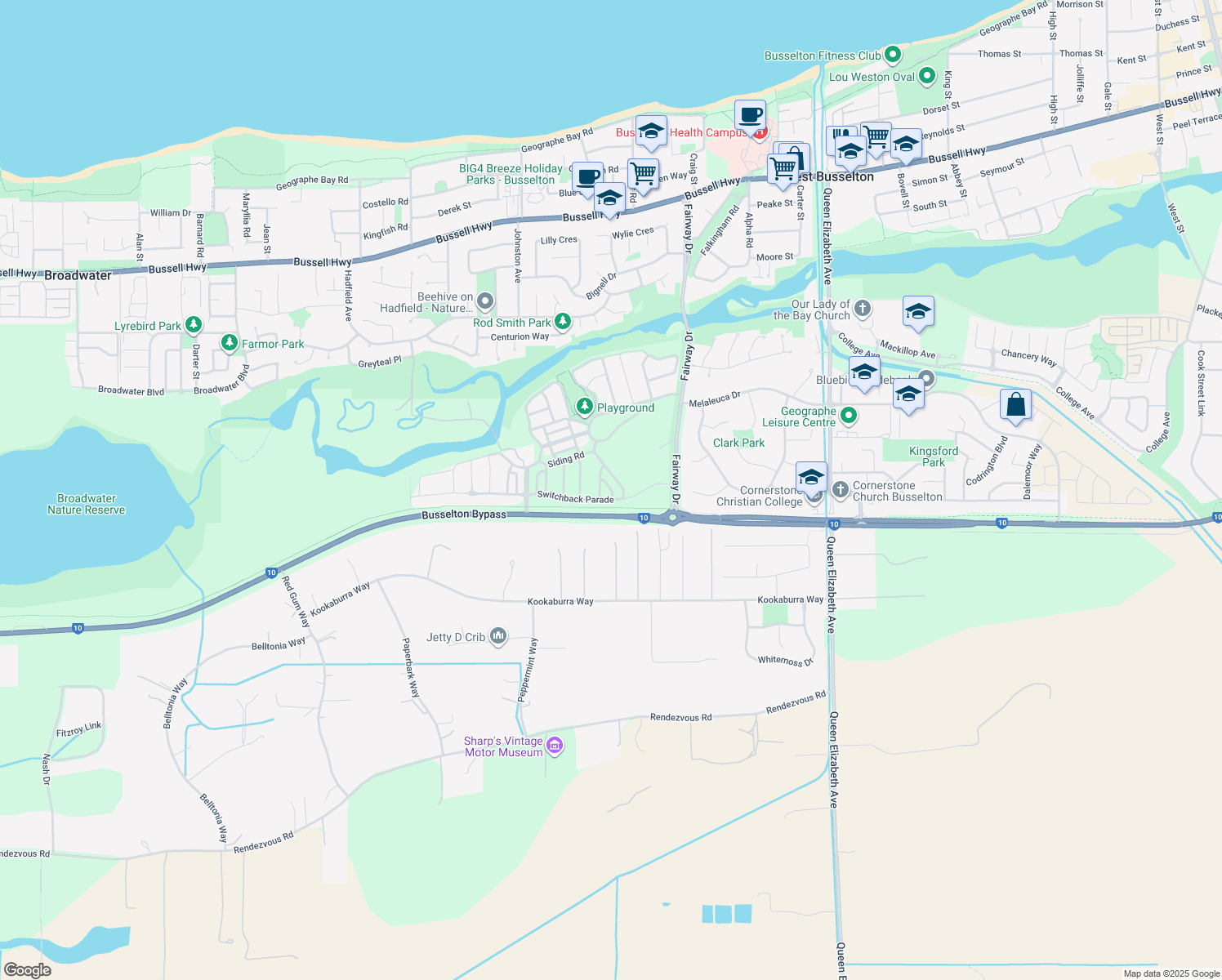 map of restaurants, bars, coffee shops, grocery stores, and more near Fettle Lane in West Busselton