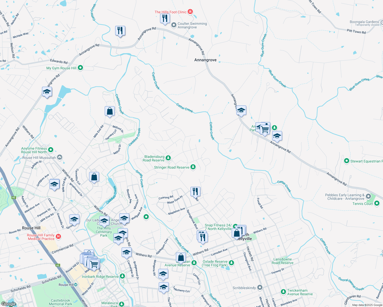 map of restaurants, bars, coffee shops, grocery stores, and more near Sarabah Street in Kellyville