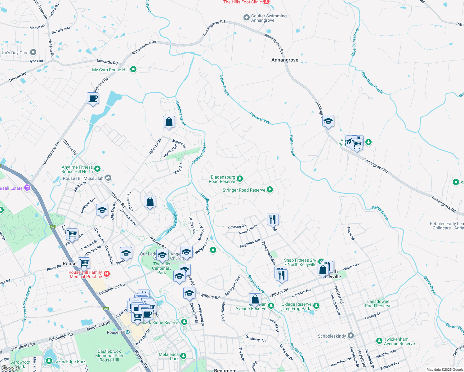 map of restaurants, bars, coffee shops, grocery stores, and more near 13 Watheroo Street in Kellyville