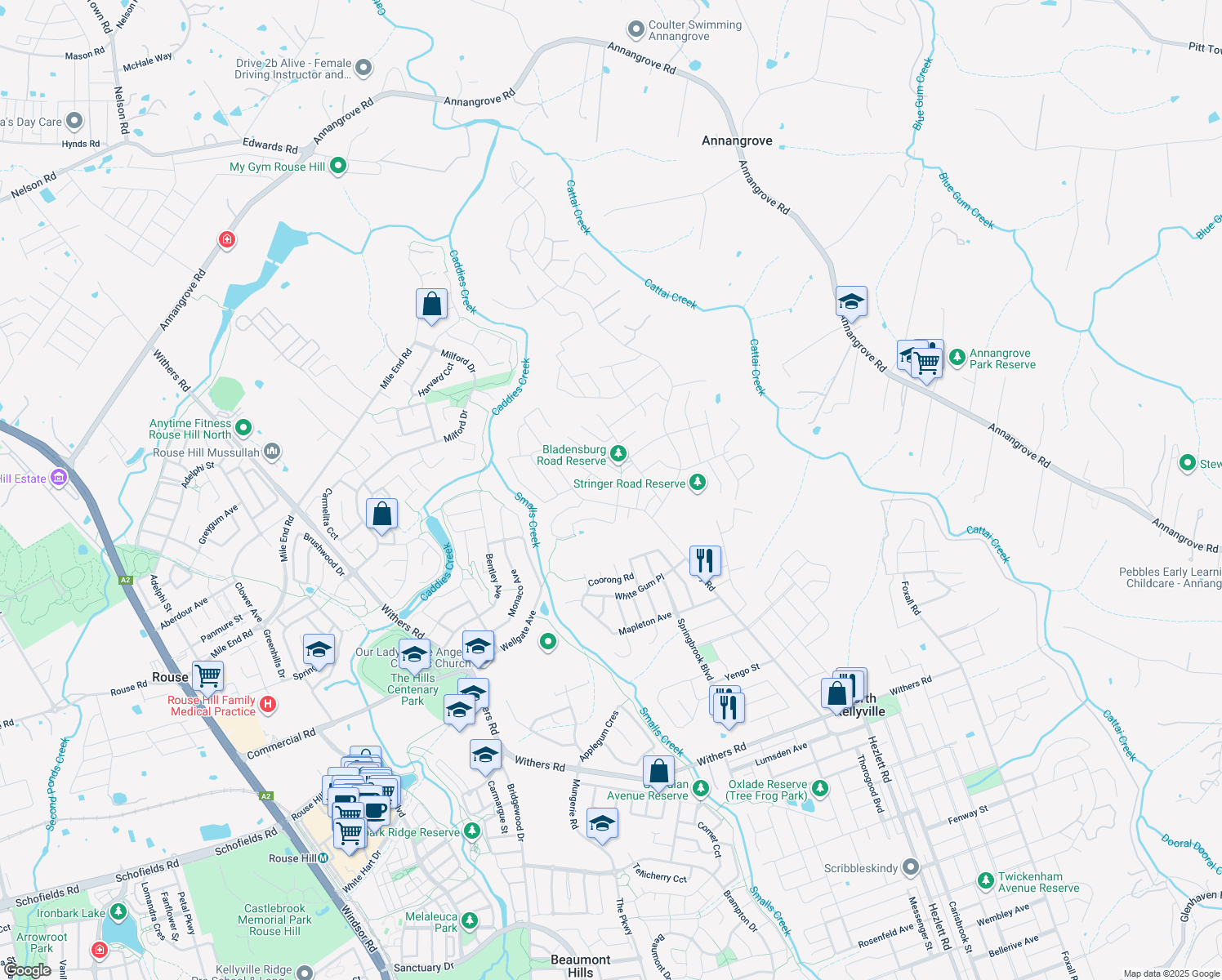 map of restaurants, bars, coffee shops, grocery stores, and more near 3 Hillview Road in Kellyville