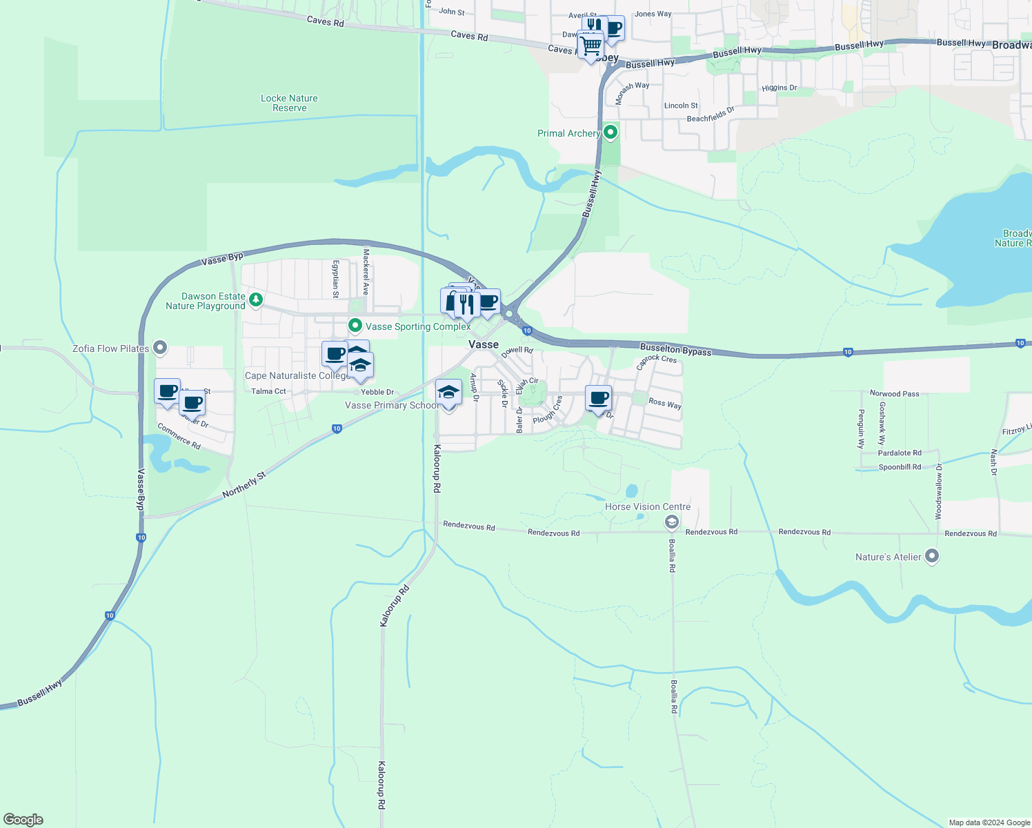map of restaurants, bars, coffee shops, grocery stores, and more near 11 Baler Drive in Vasse