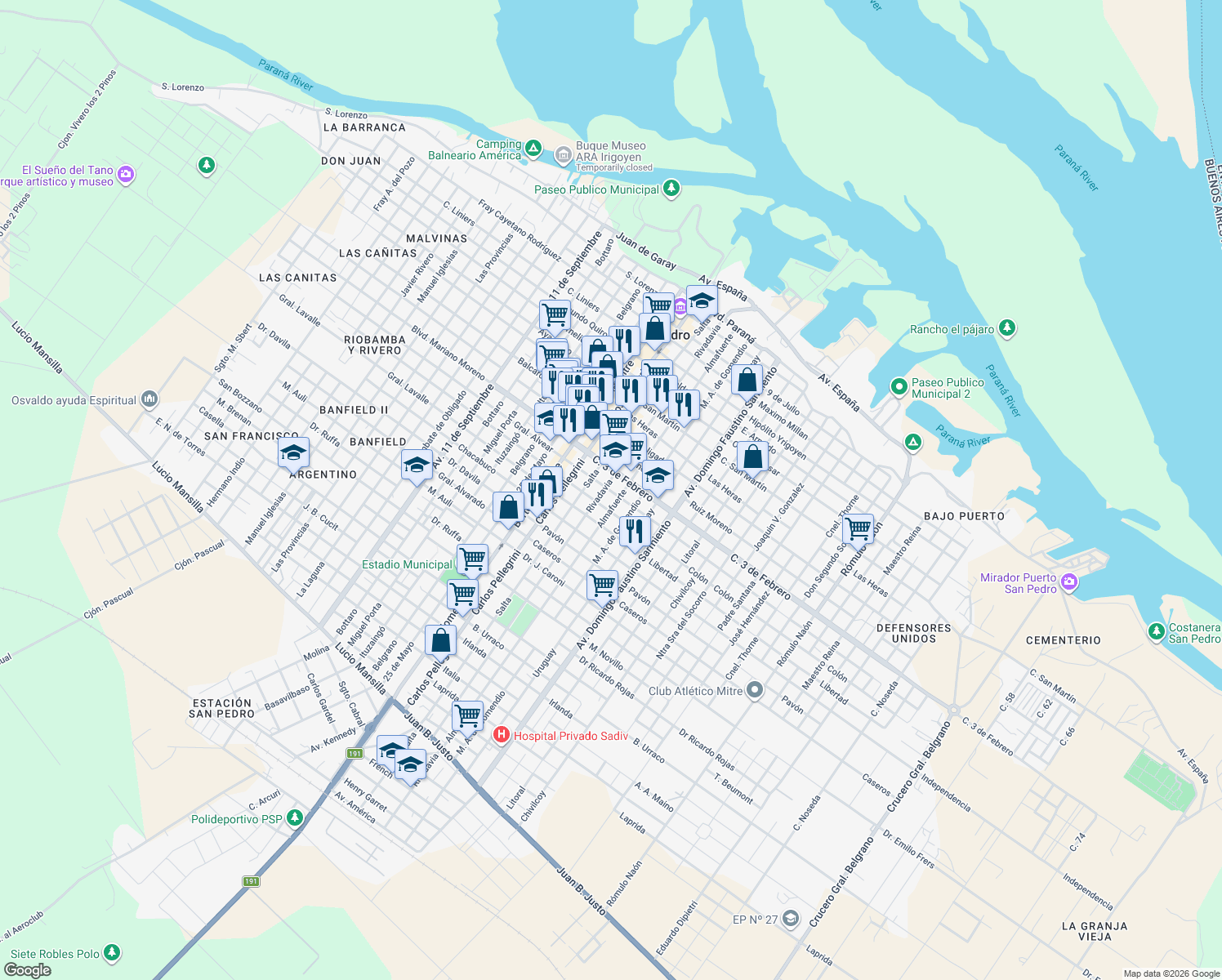 map of restaurants, bars, coffee shops, grocery stores, and more near 336 H. Pueyrredón in San Pedro
