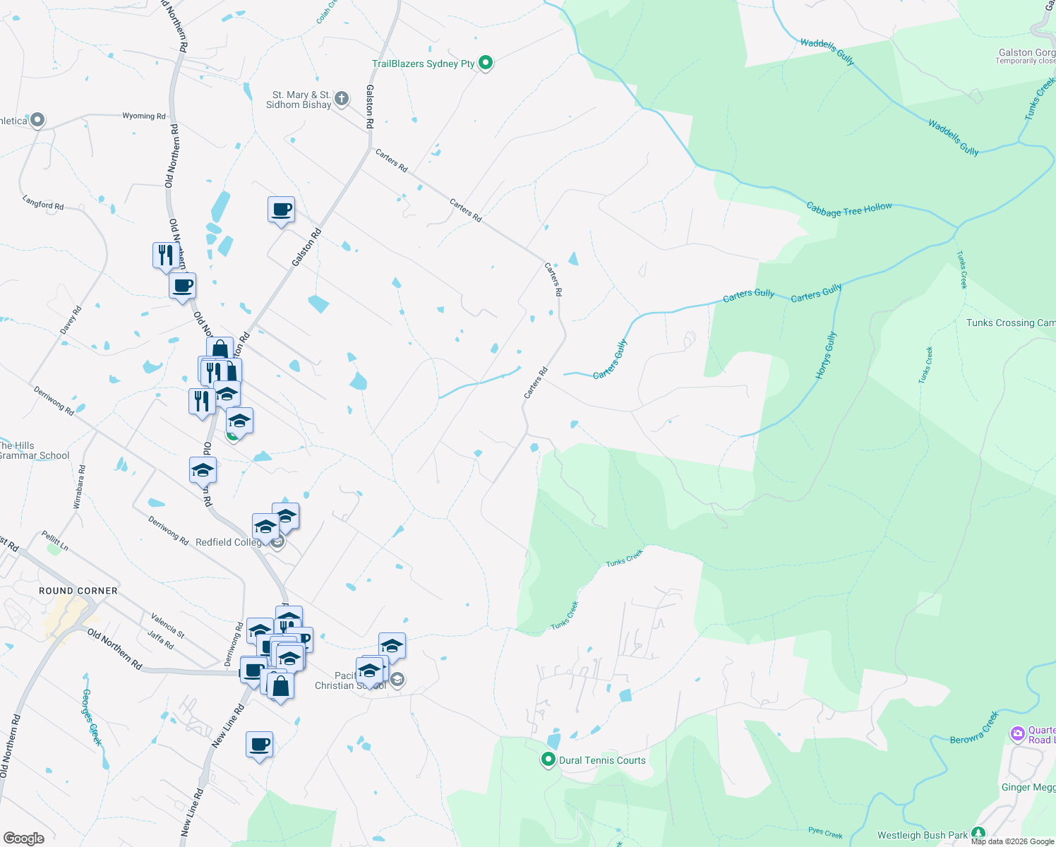 map of restaurants, bars, coffee shops, grocery stores, and more near 51 Carters Road in Dural