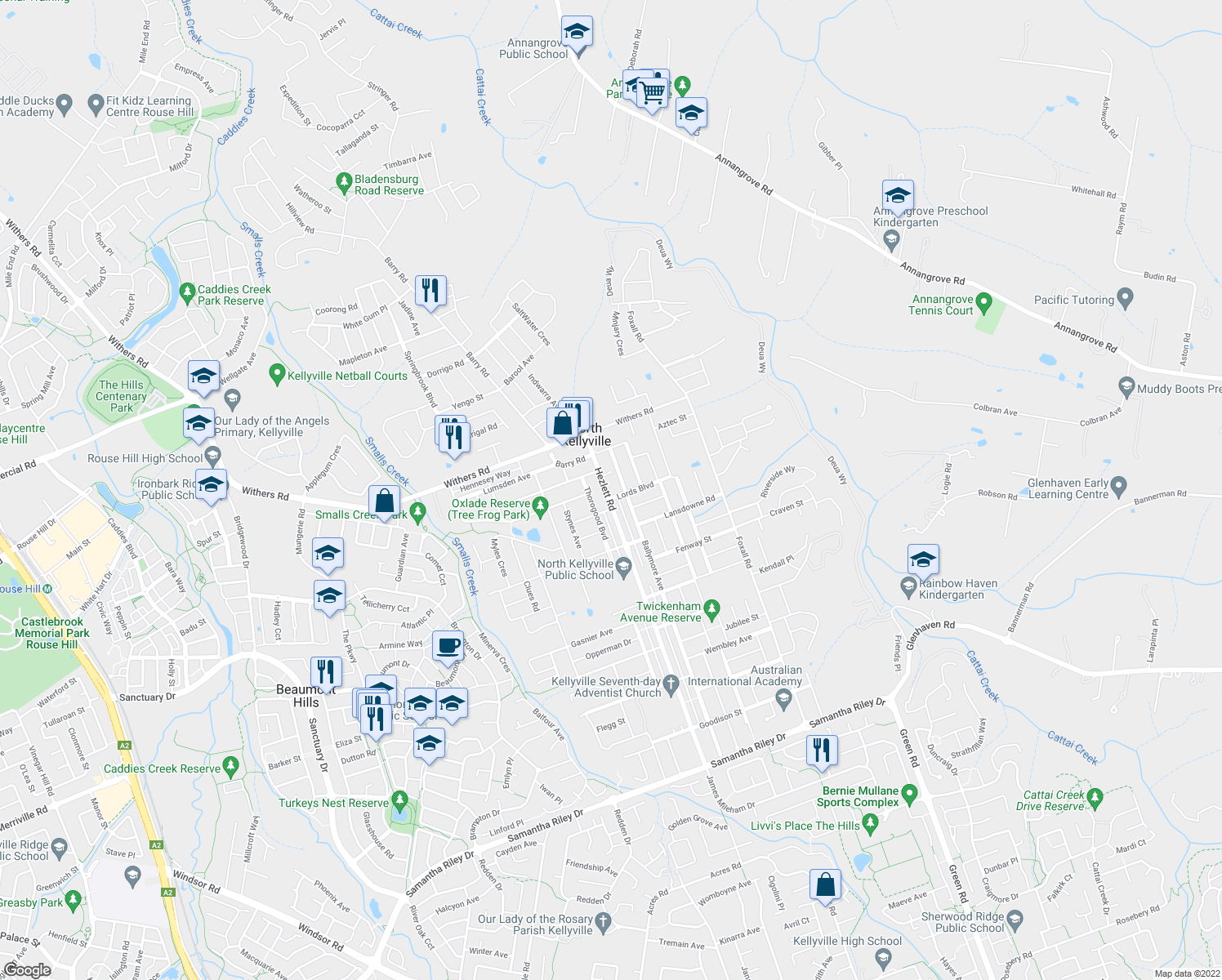 map of restaurants, bars, coffee shops, grocery stores, and more near 227 Hezlett Road in Kellyville