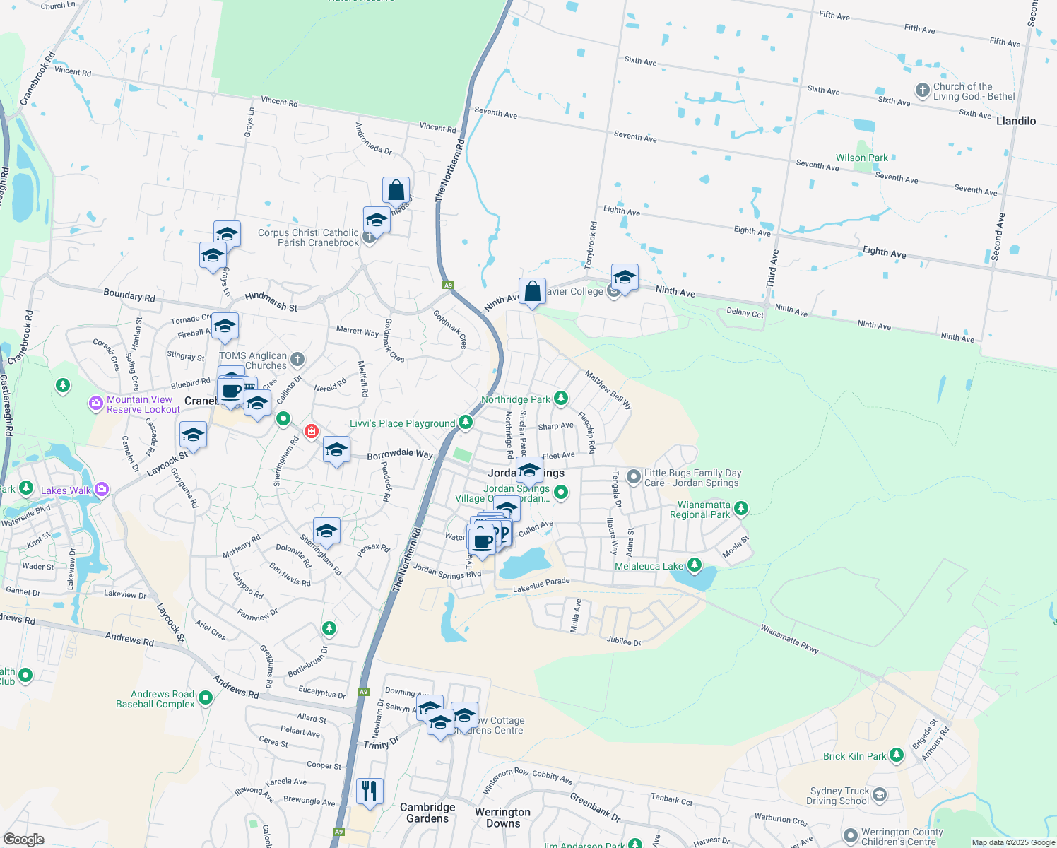 map of restaurants, bars, coffee shops, grocery stores, and more near 3 Sharp Avenue in Jordan Springs