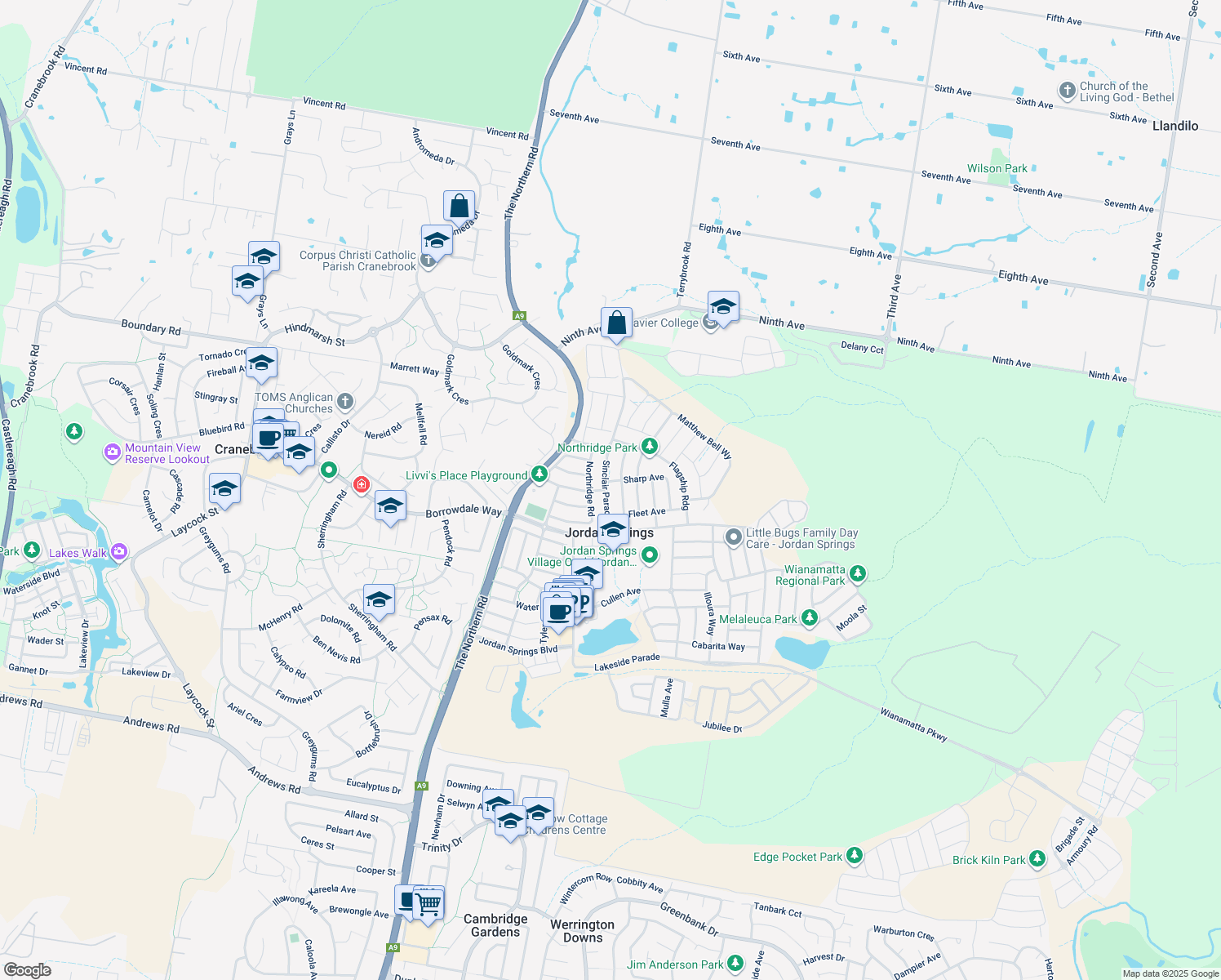 map of restaurants, bars, coffee shops, grocery stores, and more near 26 Sinclair Parade in Jordan Springs