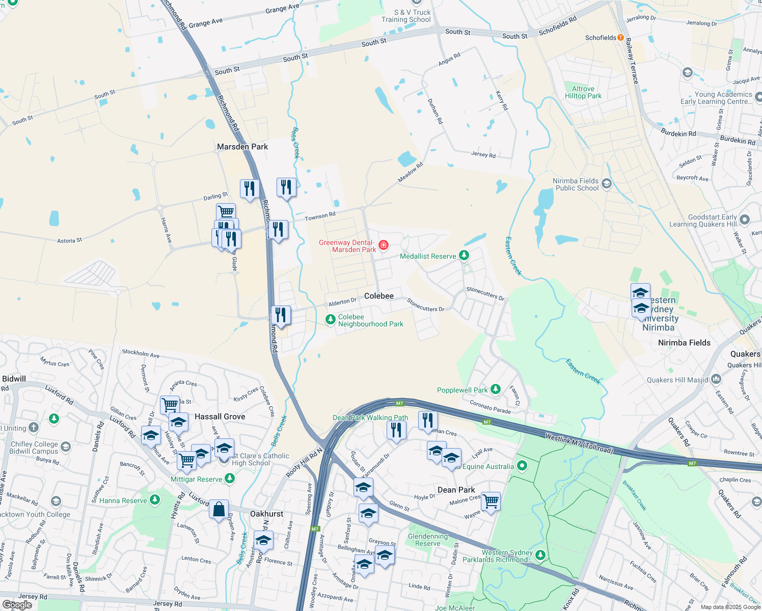 map of restaurants, bars, coffee shops, grocery stores, and more near 63 Woodburn Street in Colebee