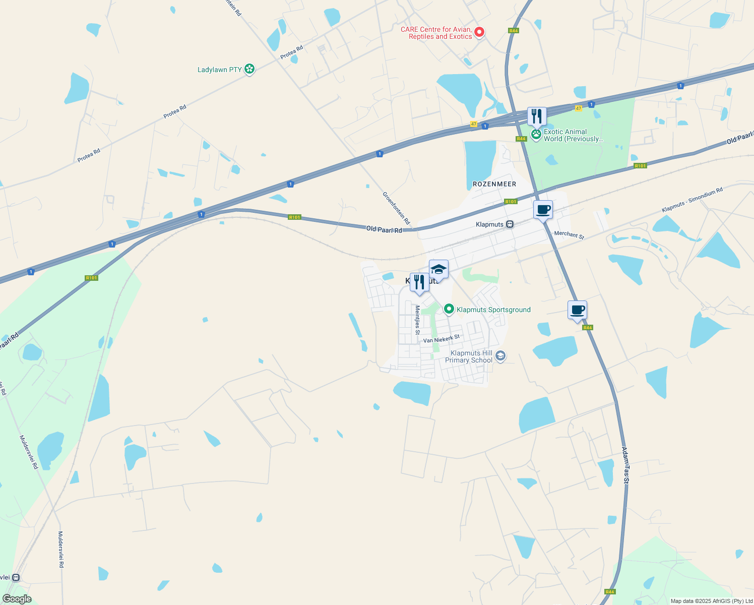 map of restaurants, bars, coffee shops, grocery stores, and more near 8 Hani Street in Klapmuts