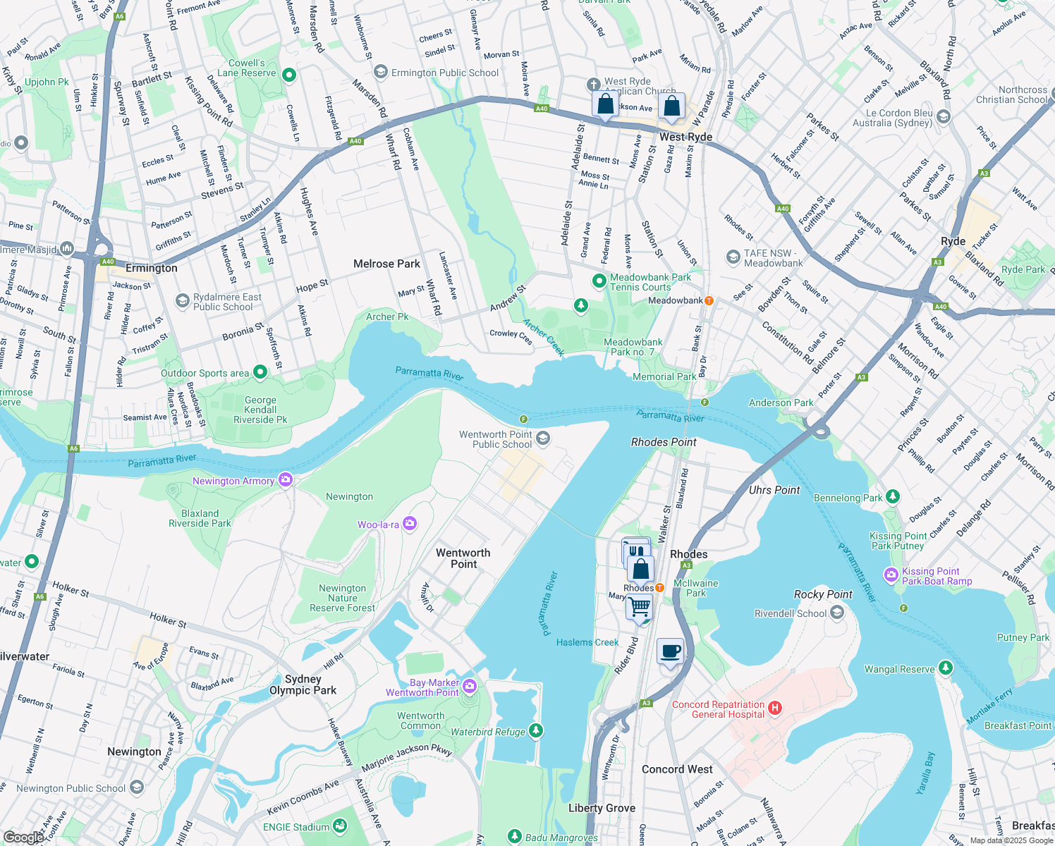 map of restaurants, bars, coffee shops, grocery stores, and more near Burroway Road in Sydney Olympic Park
