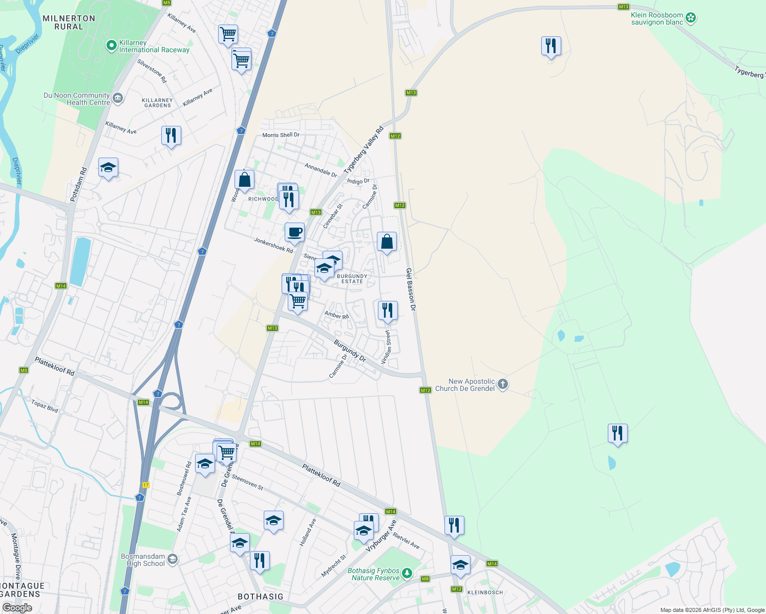map of restaurants, bars, coffee shops, grocery stores, and more near 39A Viridian Street in Cape Town