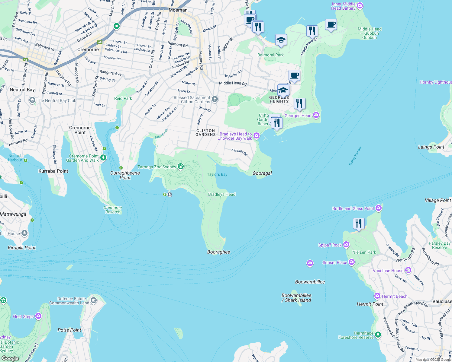map of restaurants, bars, coffee shops, grocery stores, and more near in Sydney