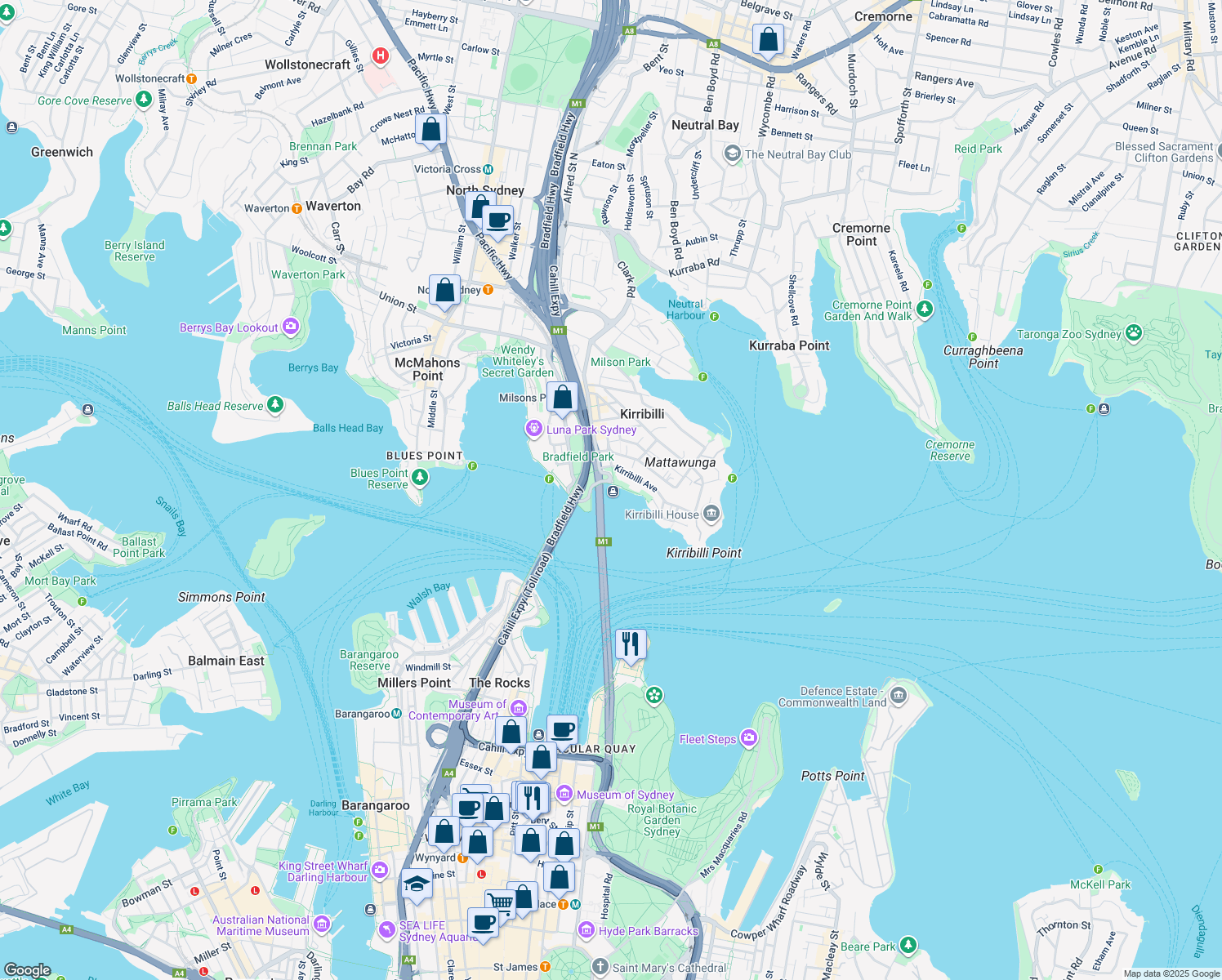map of restaurants, bars, coffee shops, grocery stores, and more near 2 Jeffreys Street in Kirribilli