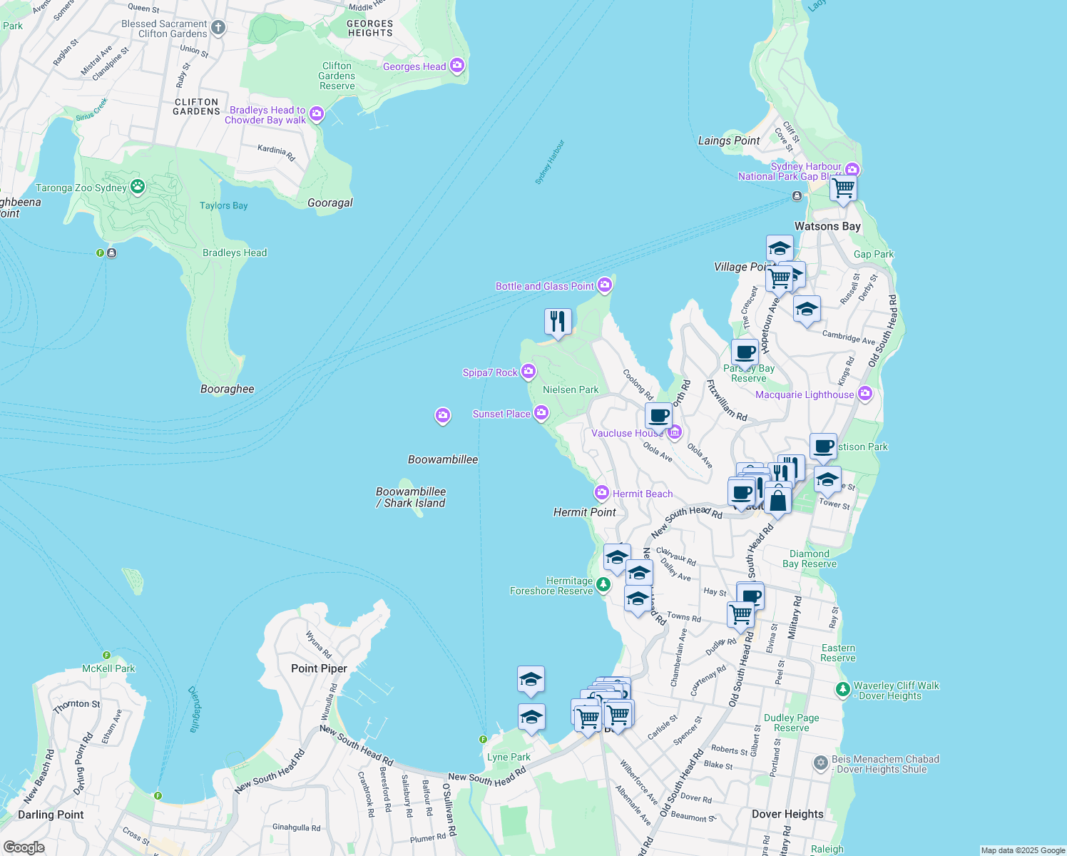 map of restaurants, bars, coffee shops, grocery stores, and more near 52 Vaucluse Rd in Vaucluse