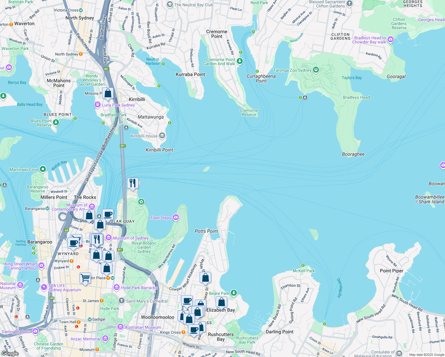 map of restaurants, bars, coffee shops, grocery stores, and more near in Potts Point