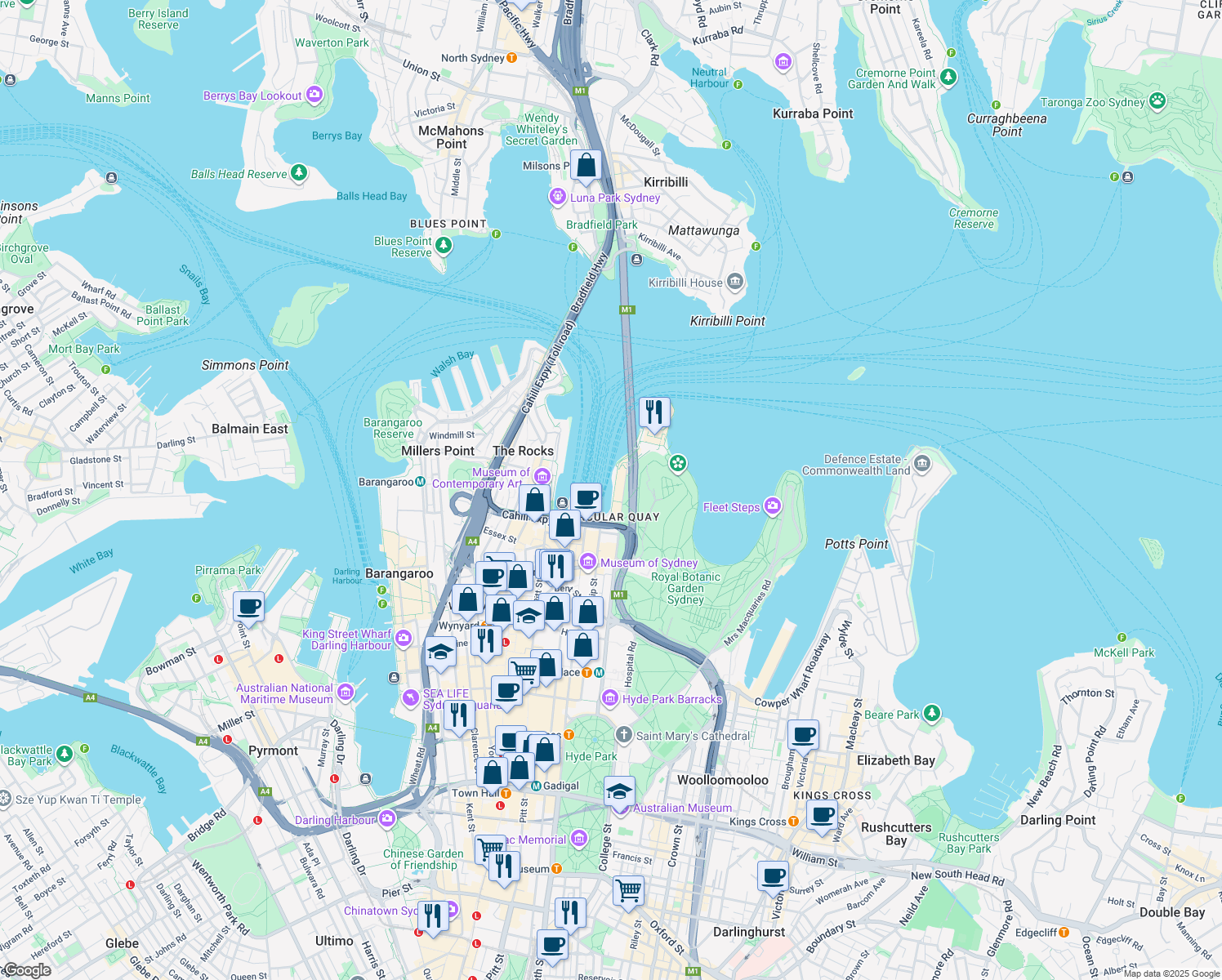 map of restaurants, bars, coffee shops, grocery stores, and more near 7 Macquarie Street in Sydney