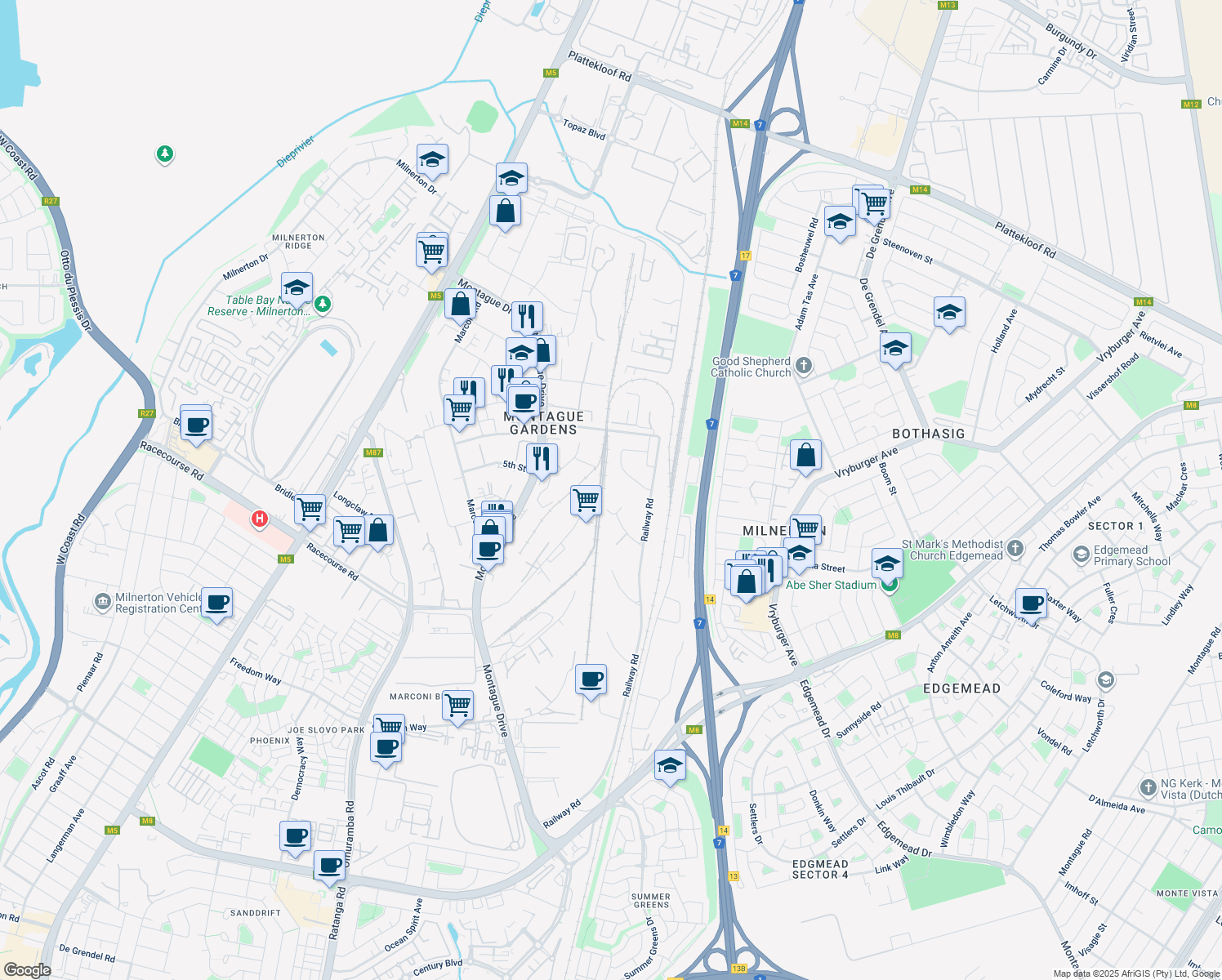 map of restaurants, bars, coffee shops, grocery stores, and more near 10 Hoist Avenue in Cape Town