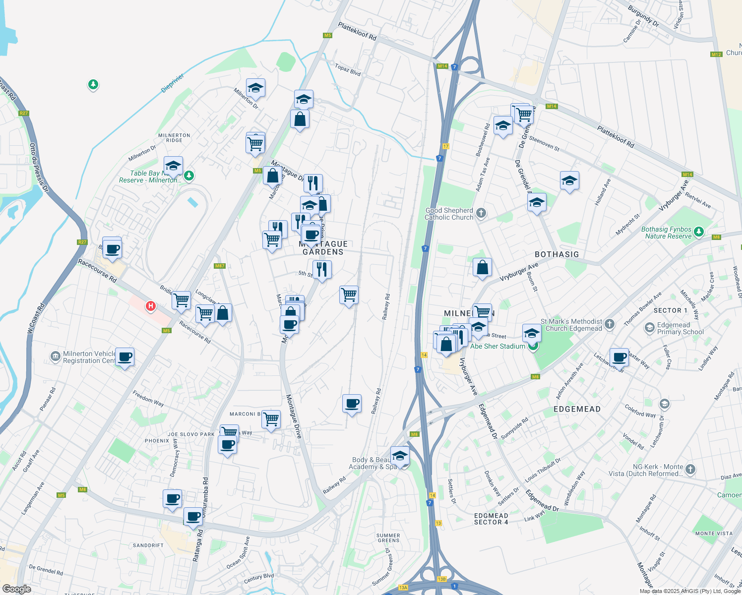 map of restaurants, bars, coffee shops, grocery stores, and more near 10 Hoist Avenue in Cape Town