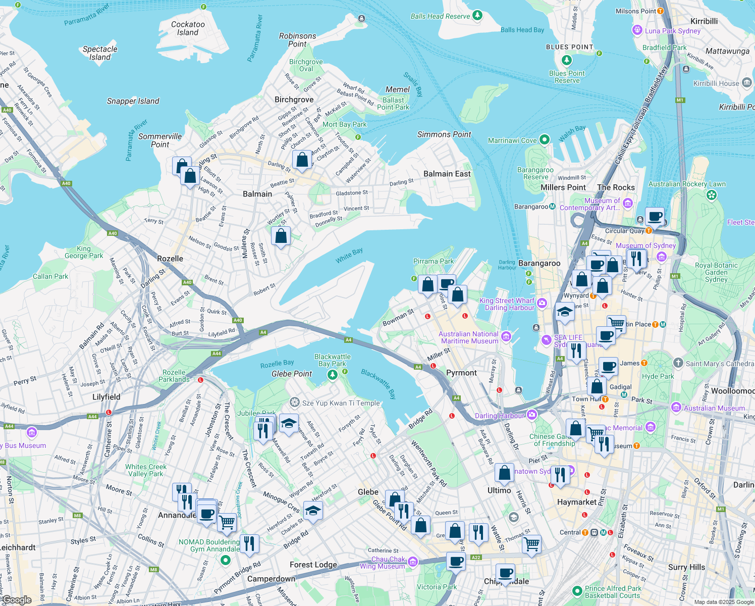 map of restaurants, bars, coffee shops, grocery stores, and more near LOT 75 Refinery Dr in Pyrmont